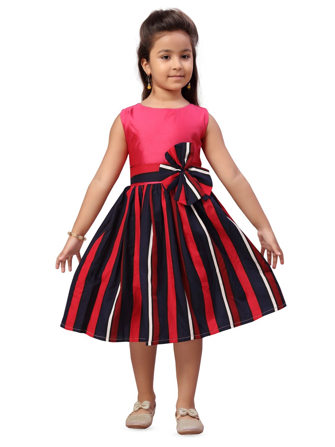 

BAESD Girls Striped Belt Detailed Sleeveless Fit & Flare Dress, Pink
