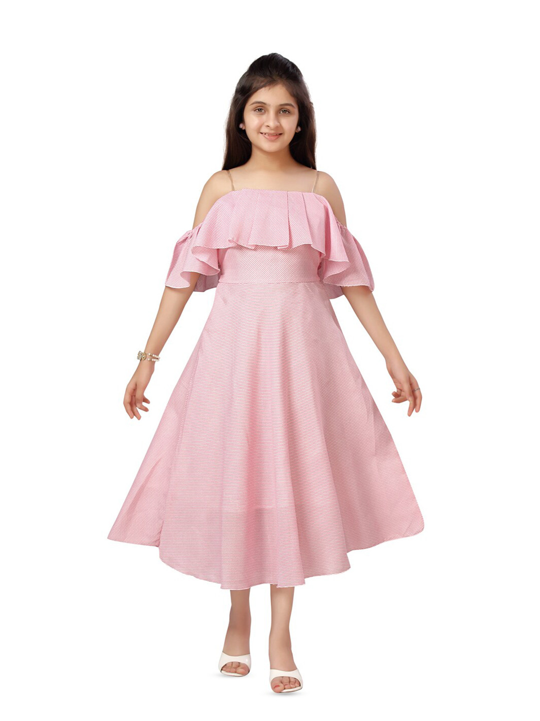 

BAESD Girls Striped Cold-Shoulder Sleeves Ruffles Detail Cotton Fit & Flare Midi Dress, Pink