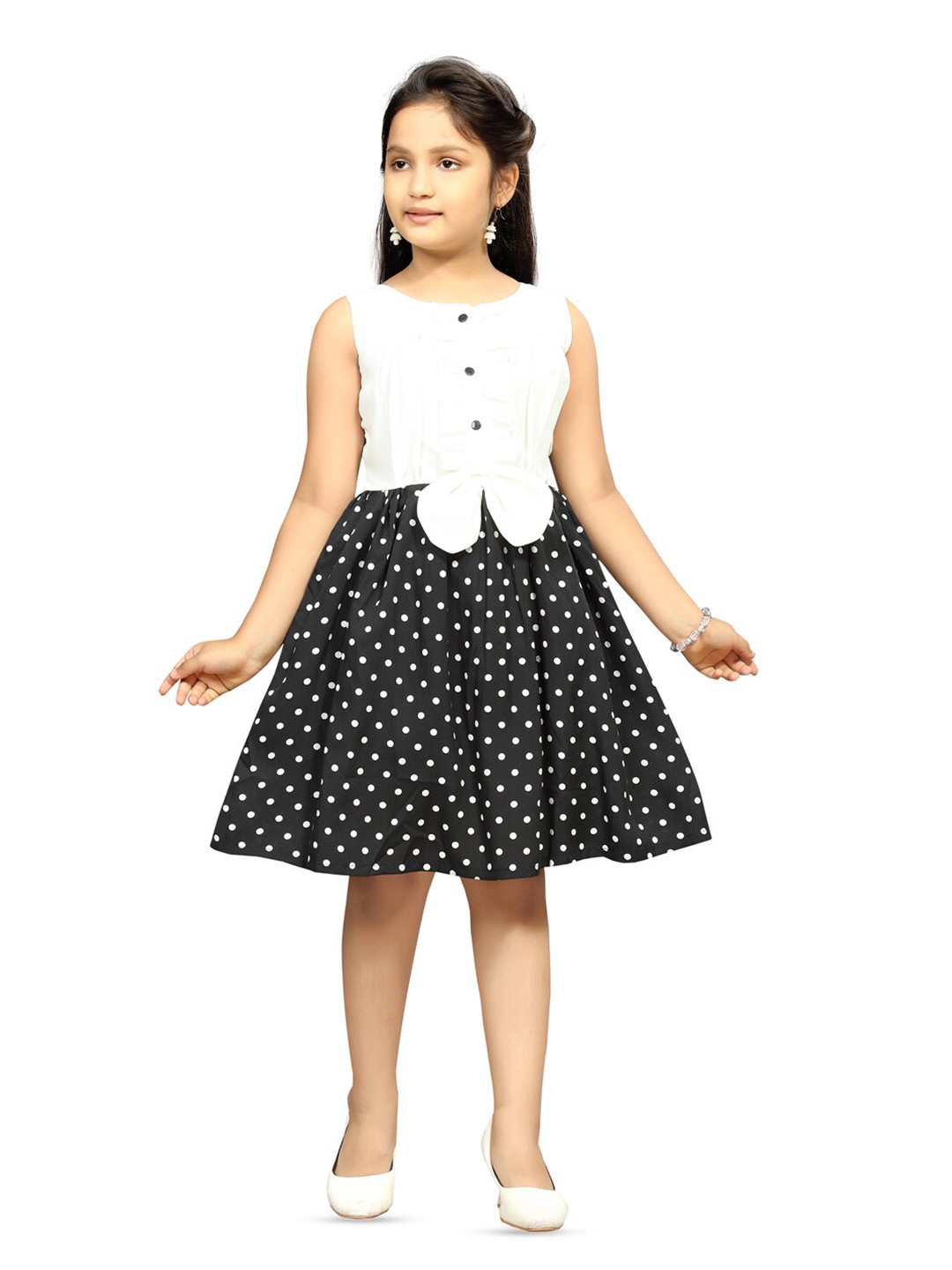 

BAESD Girls Polka Dot Printed Bow Cotton Fit & Flare Dress, White