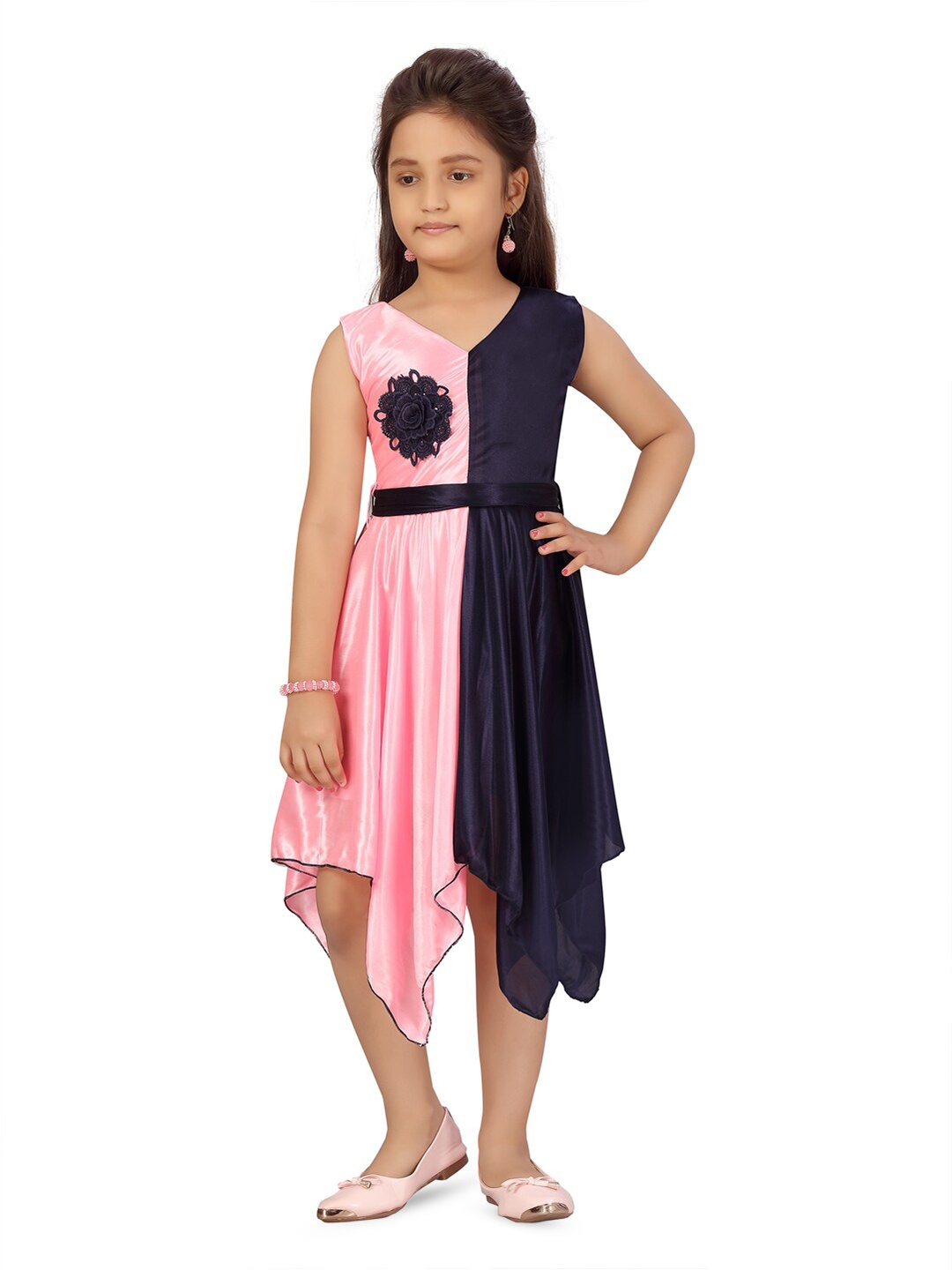 

BAESD Girls Colourblocked V-Neck Silk Fit & Flare Dress, Pink