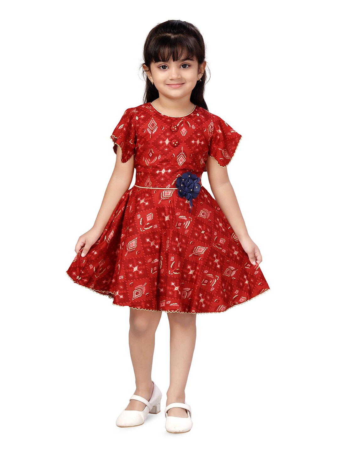 

BAESD Girls Ethnic Motifs Printed Corsage Detailed Flared Sleeves Cotton Fit & Flare Dress, Red