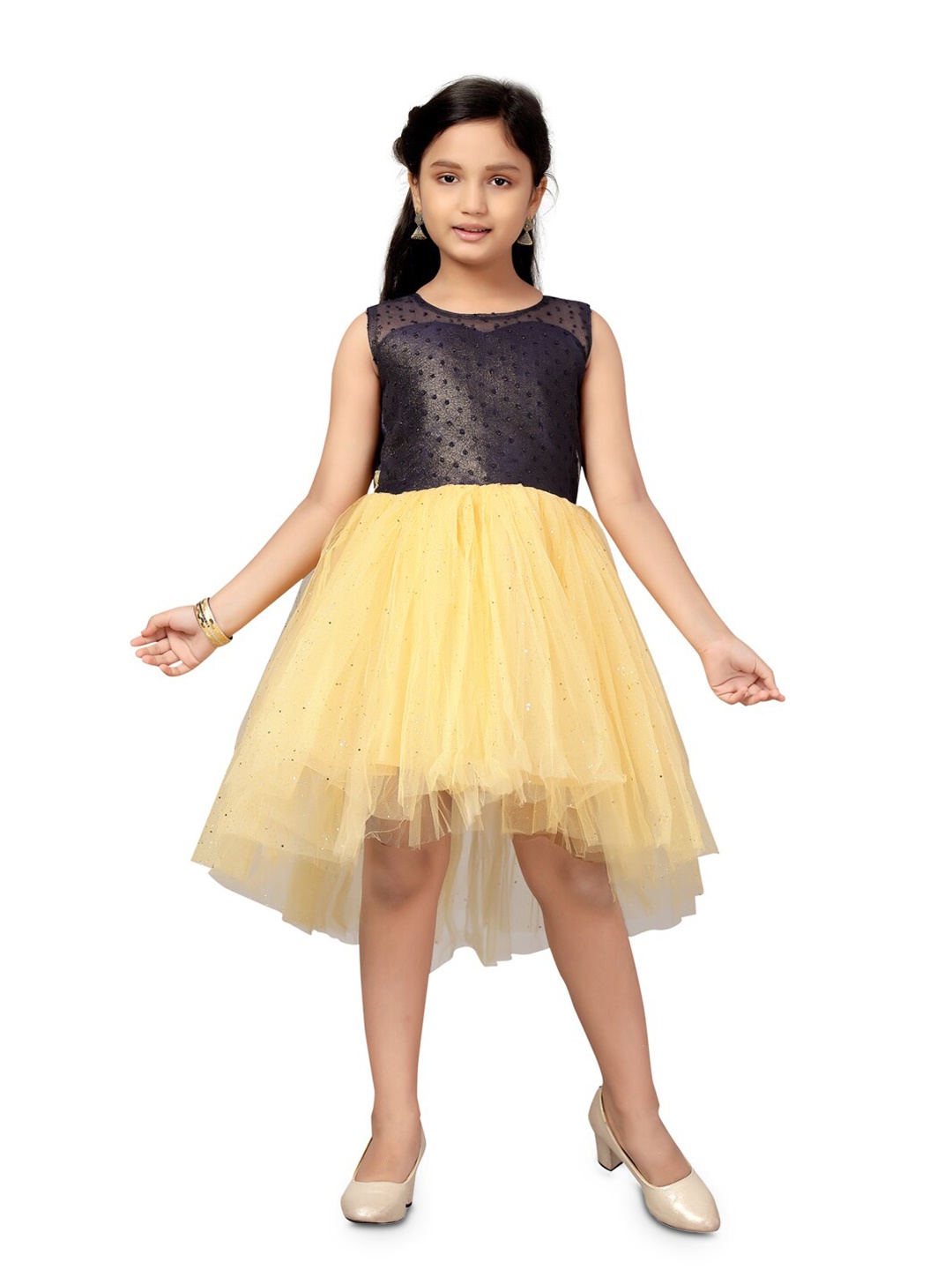 

BAESD Girls Self Design Round Neck Sleeveless Fit & flare Sequined Dress, Navy blue