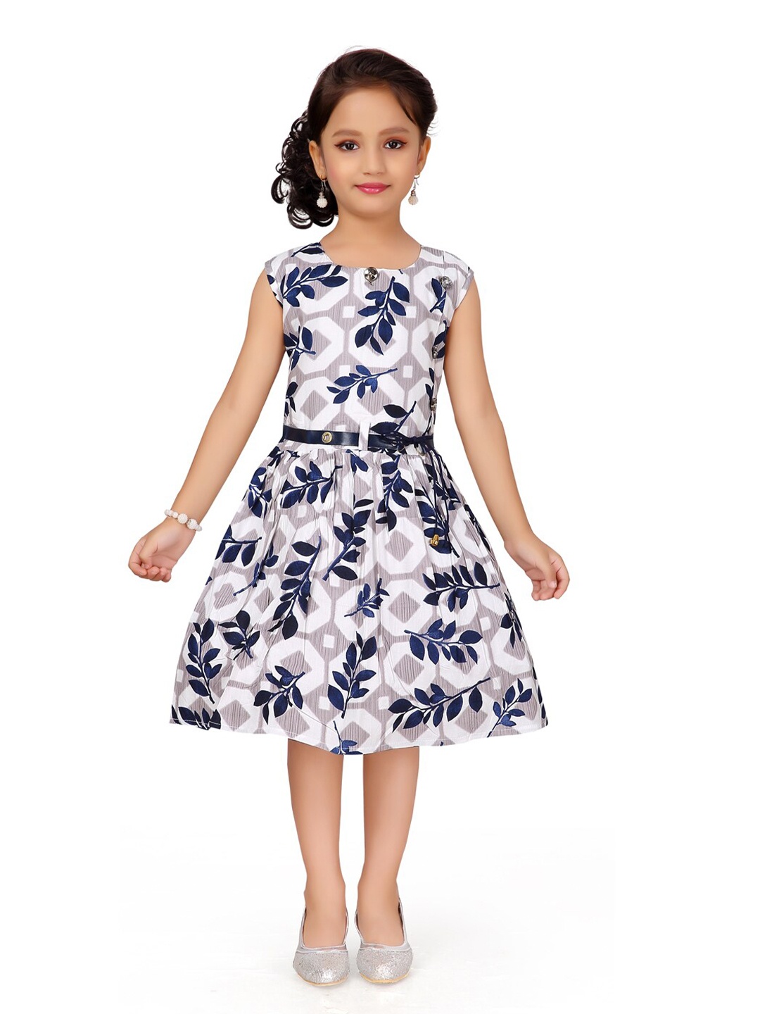 

BAESD Girls Floral Printed Round Neck Belted & Tie-Ups Cotton Fit & Flare Dress, Blue