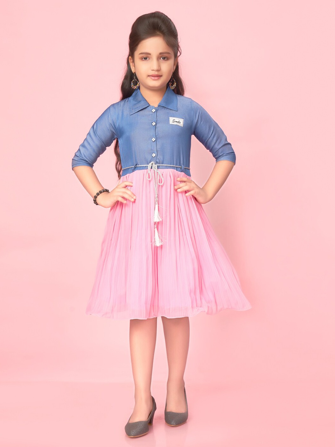 

BAESD Girls Shirt Collar Accordion Pleated Tie-Ups Cotton Fit & Flare Dress, Blue