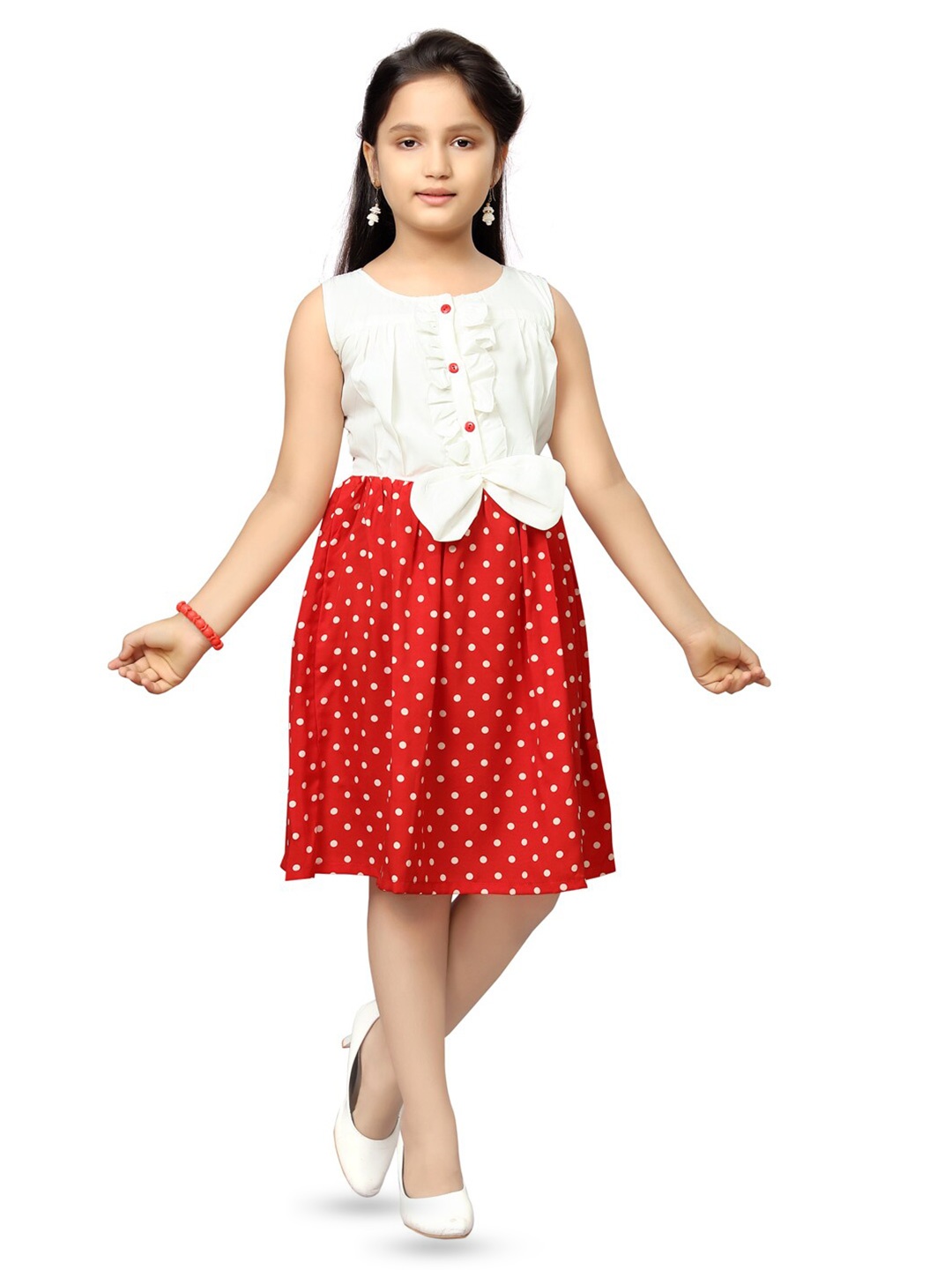 

BAESD Girls Polka Dot Printed Bow Cotton A-Line Dress, Red