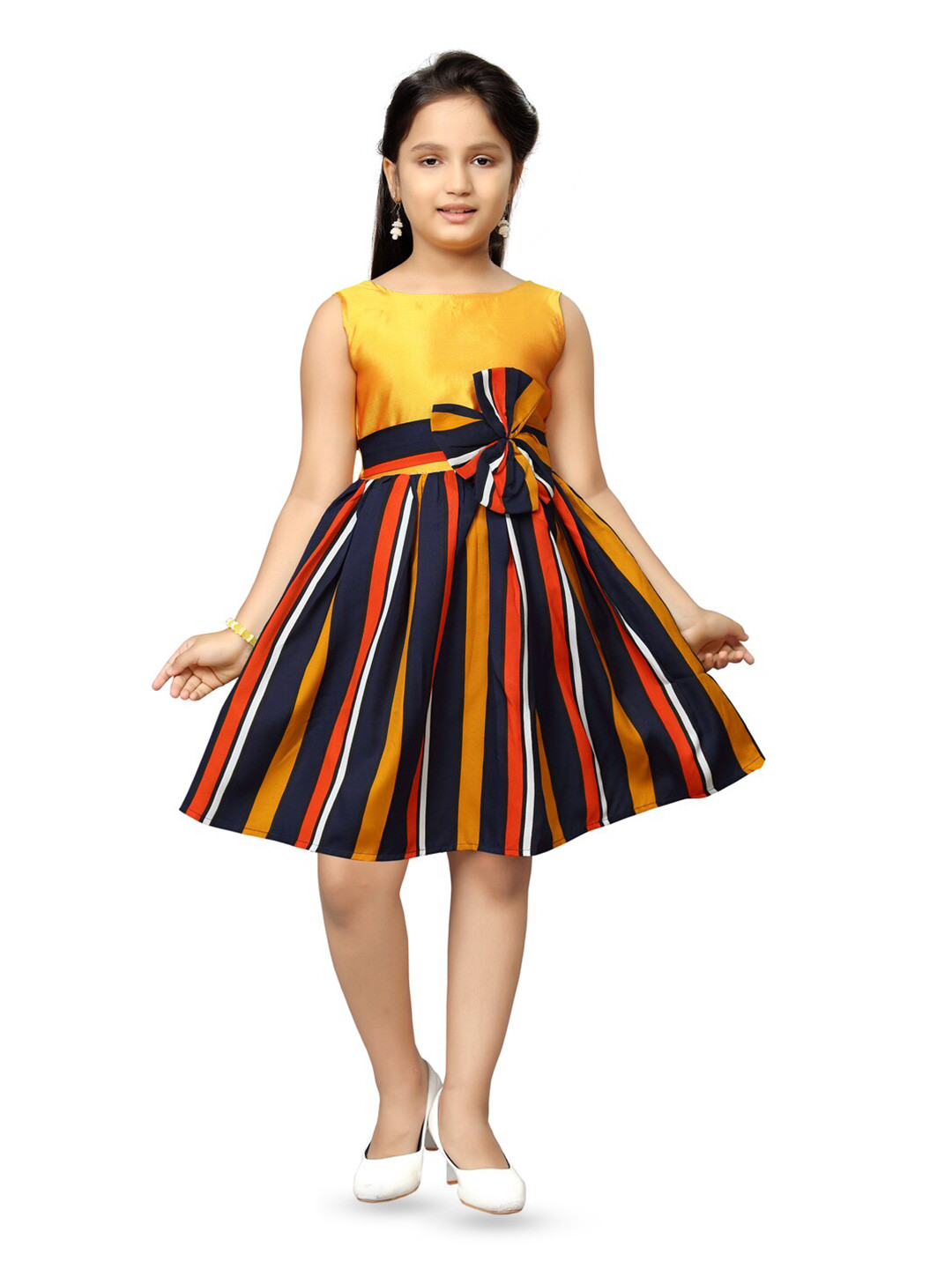 

BAESD Striped Round Neck Sleeveless Belted Casual Fit & Flare Dress, Yellow