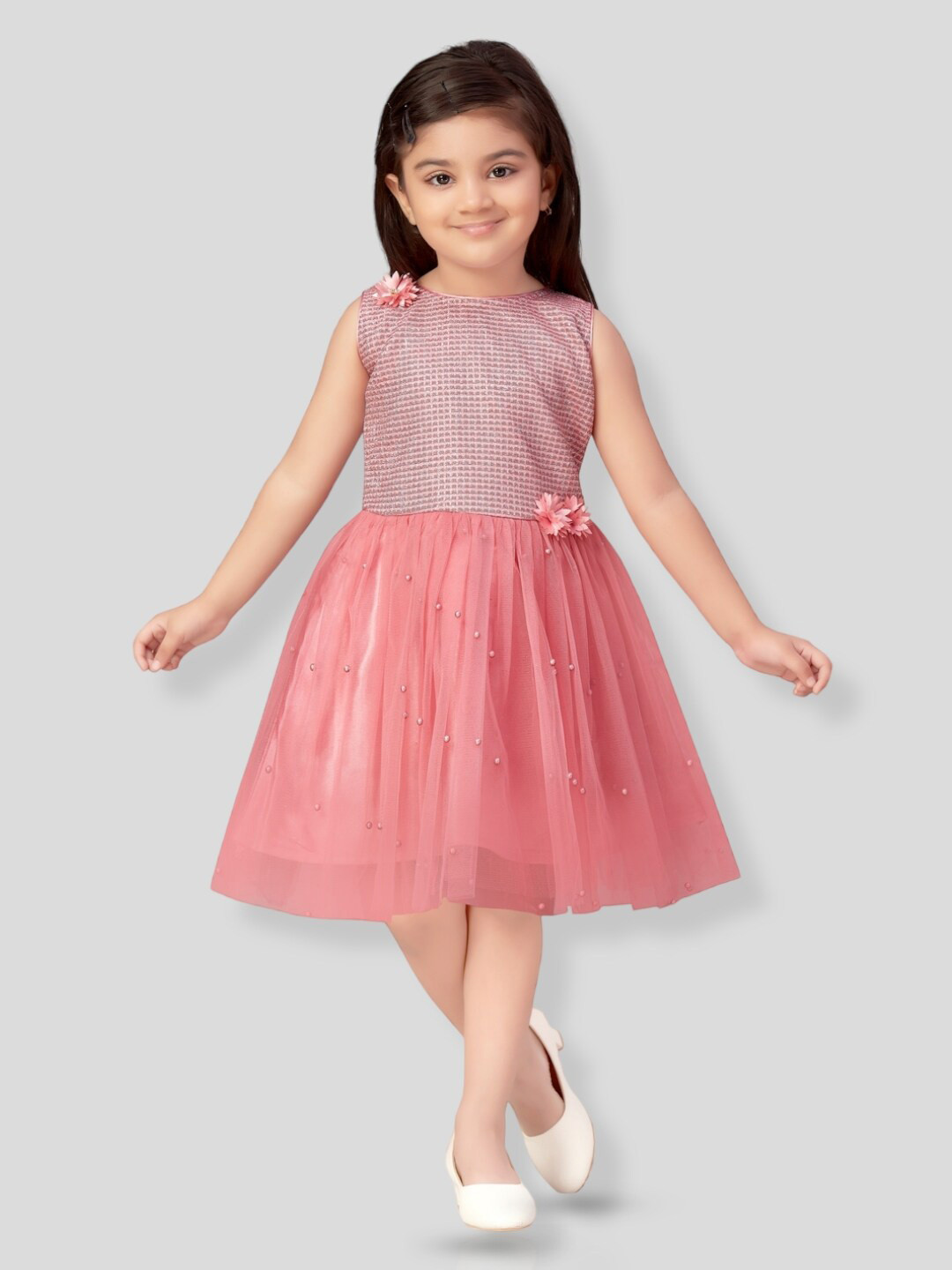 

BAESD Self Design Embellished Sleeveless Net Fit & Flare Dress, Pink