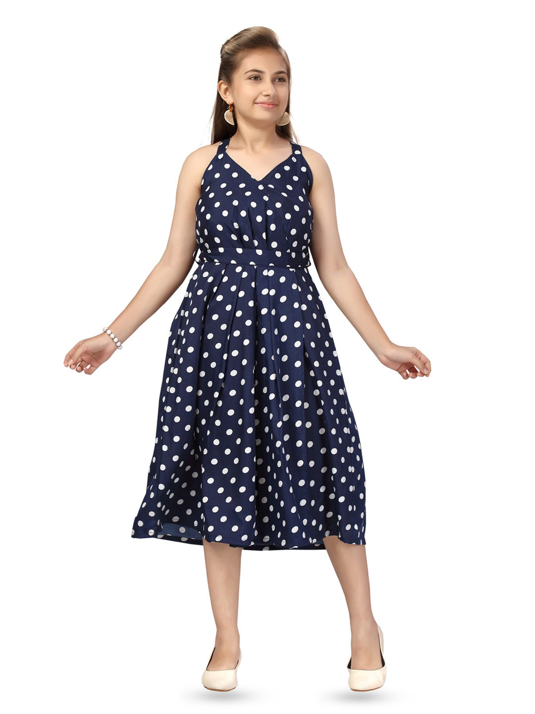 

BAESD Polka Dot Printed V-Neck Sleeveless Belted Fit & Flare Midi Cotton Dress, Navy blue