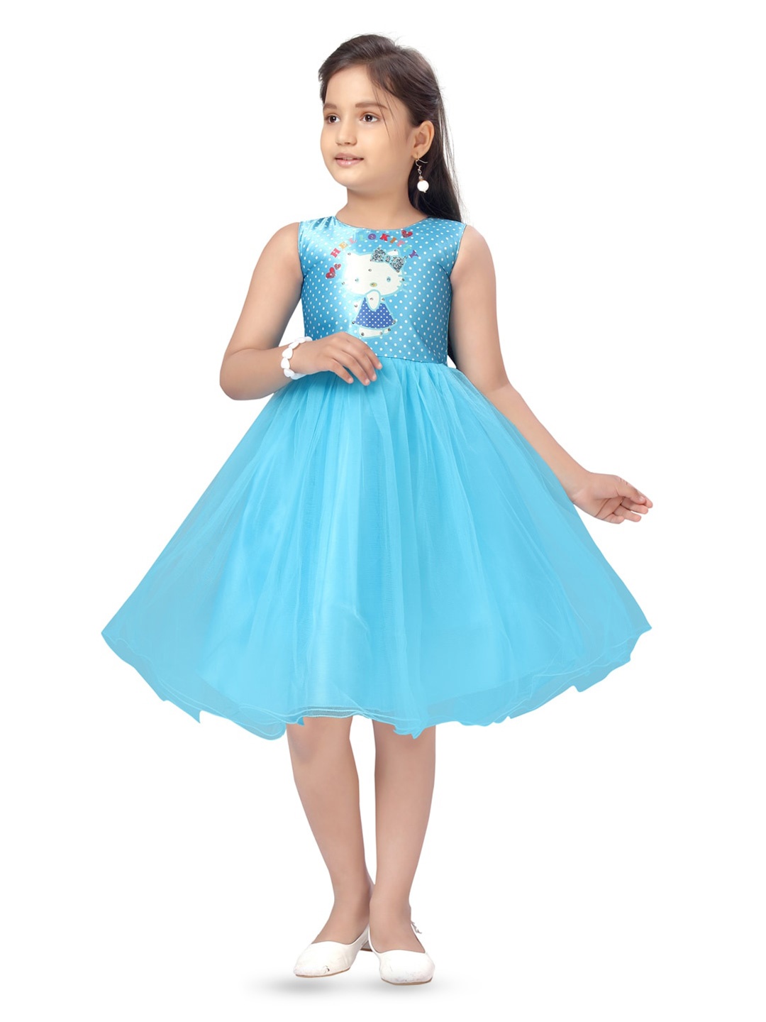 

BAESD Girls Graphic Printed Net Fit & Flare Dress, Turquoise blue