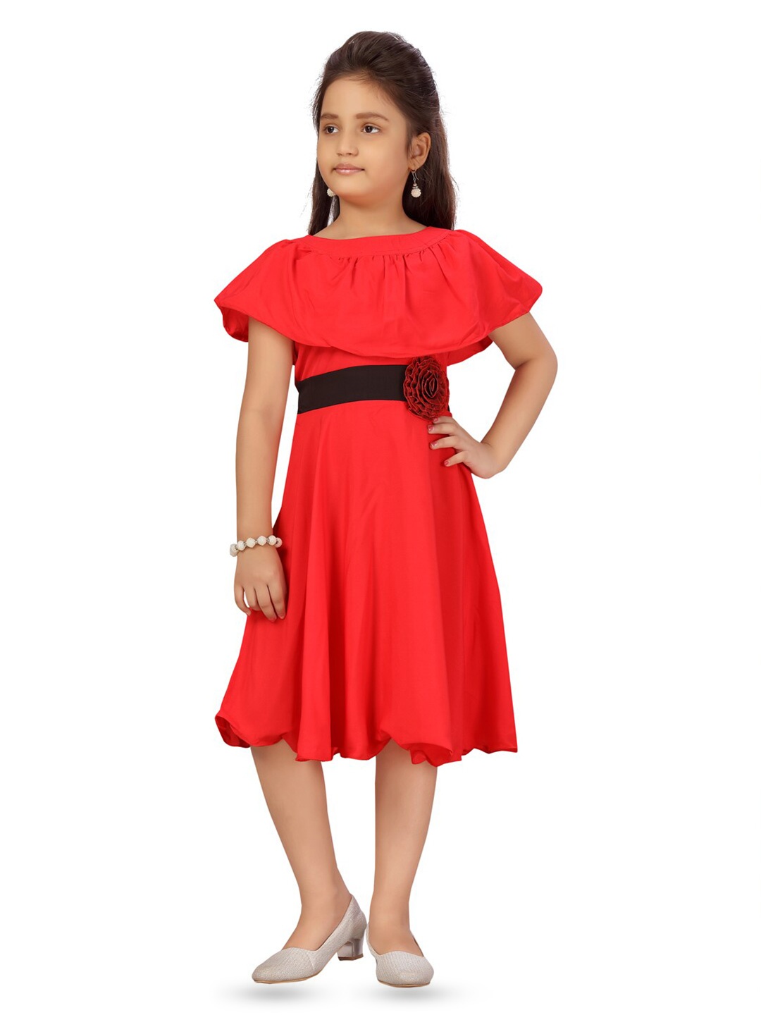 

BAESD Cape Sleeve Fit & Flare Silk Dress With Floral Corsage, Red