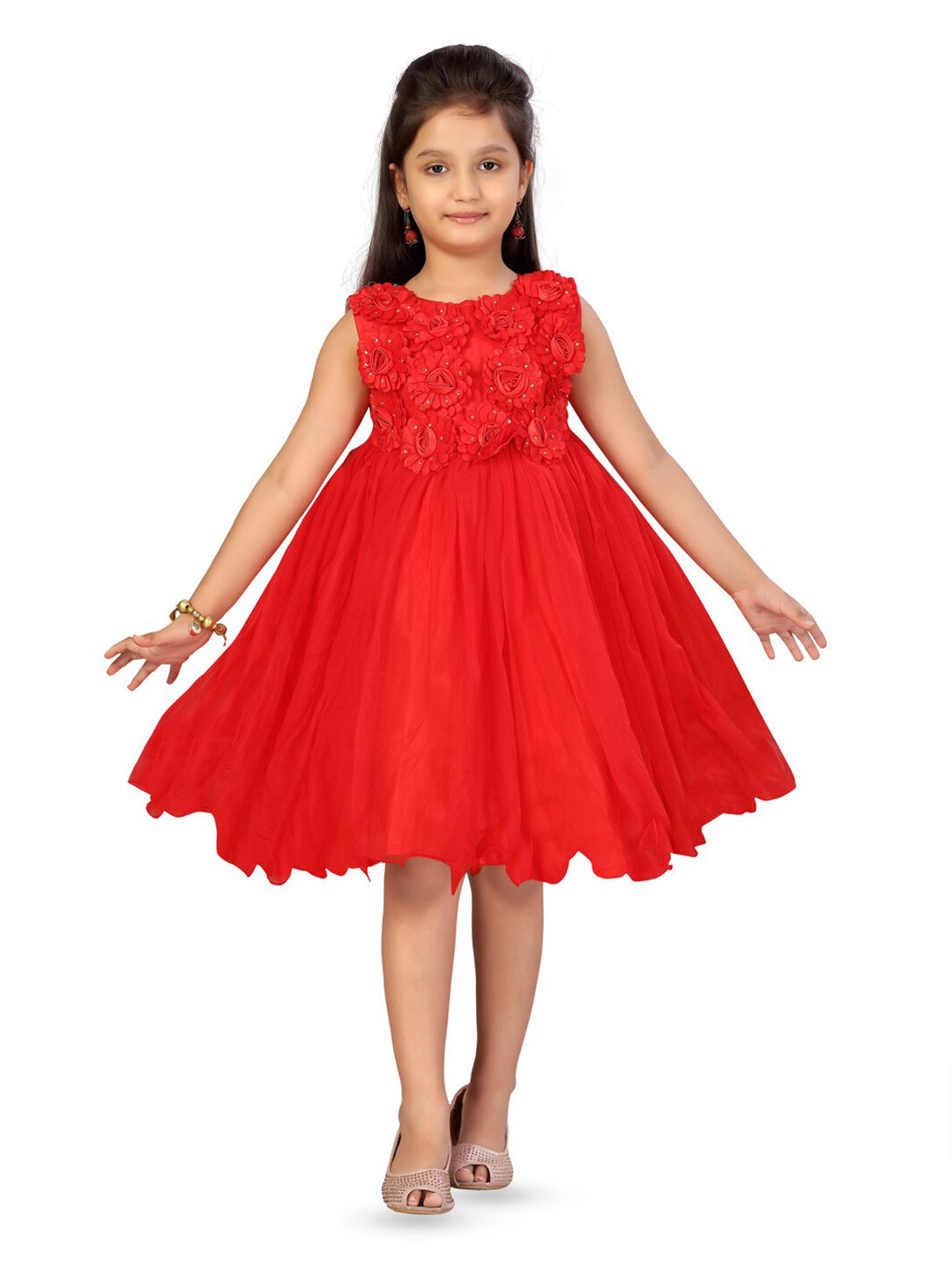 

BAESD Floral Applique Sleeveless Net Fit & Flare Dress, Red