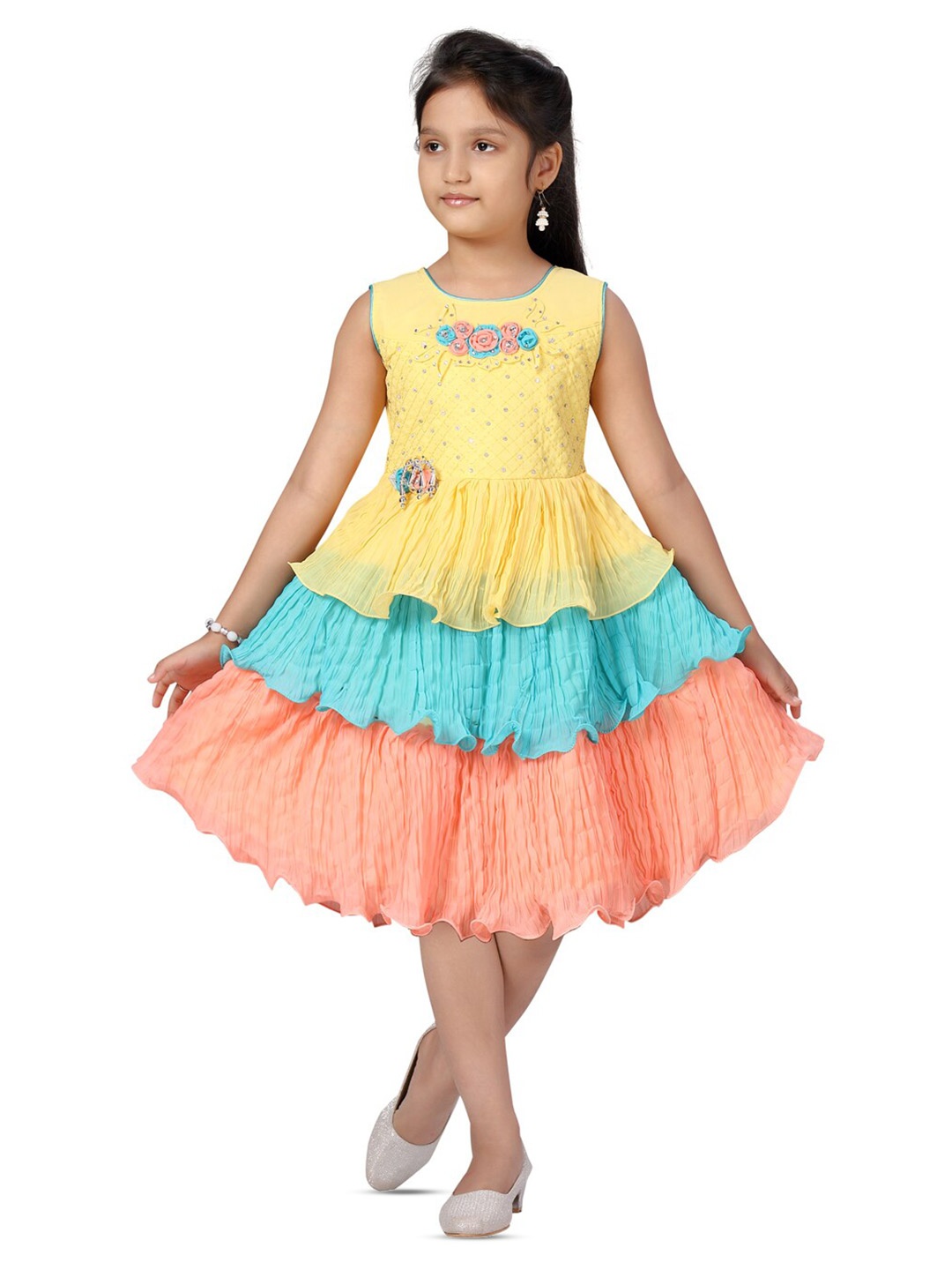 

BAESD Girls Embroidered Sleeveless Fit & Flare Layered Cotton Dress, Yellow