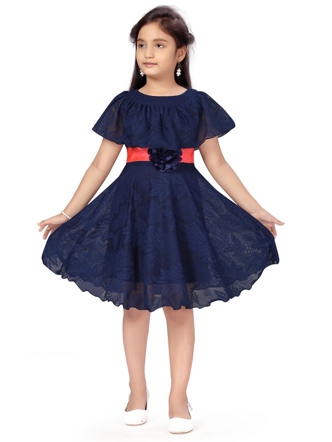 

BAESD Girls Self Design Cape Sleeve Applique Fit & Flare Dress, Navy blue