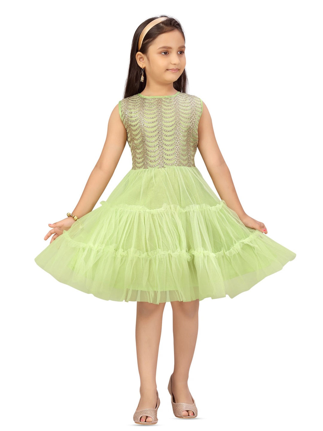 

BAESD Girls Embellished Self Design Sleeveless Fit & Flare Dress, Sea green