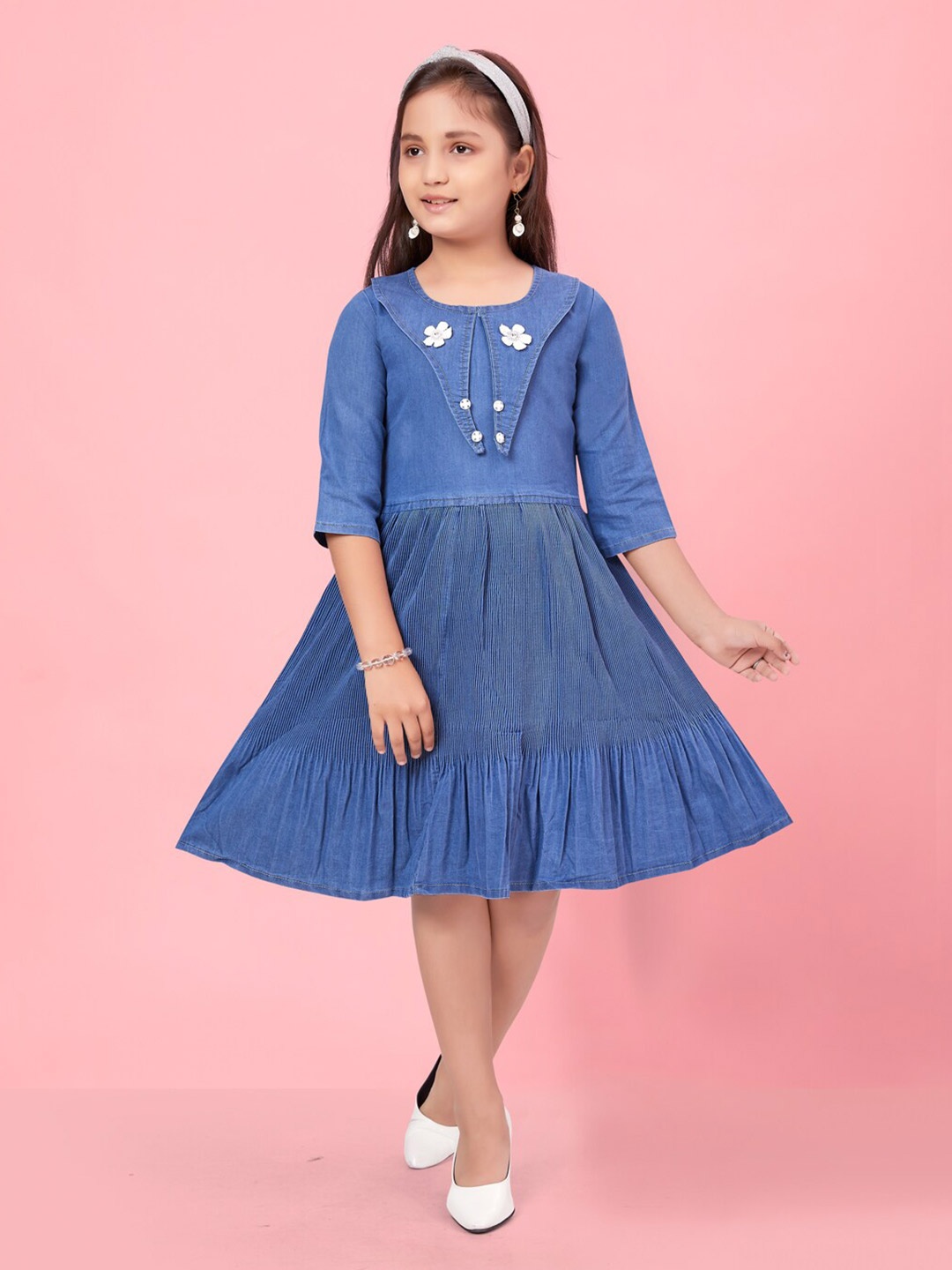 

BAESD Girls Round Neck Cotton A-Line Dress, Blue