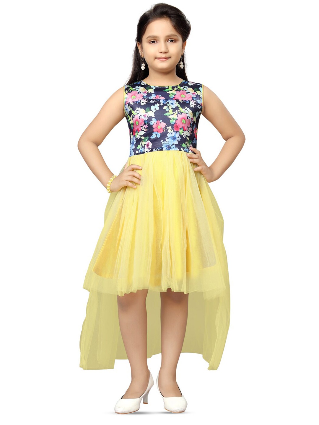 

BAESD Girls Floral Printed Sleeveless Net Fit & Flare Dress, Yellow