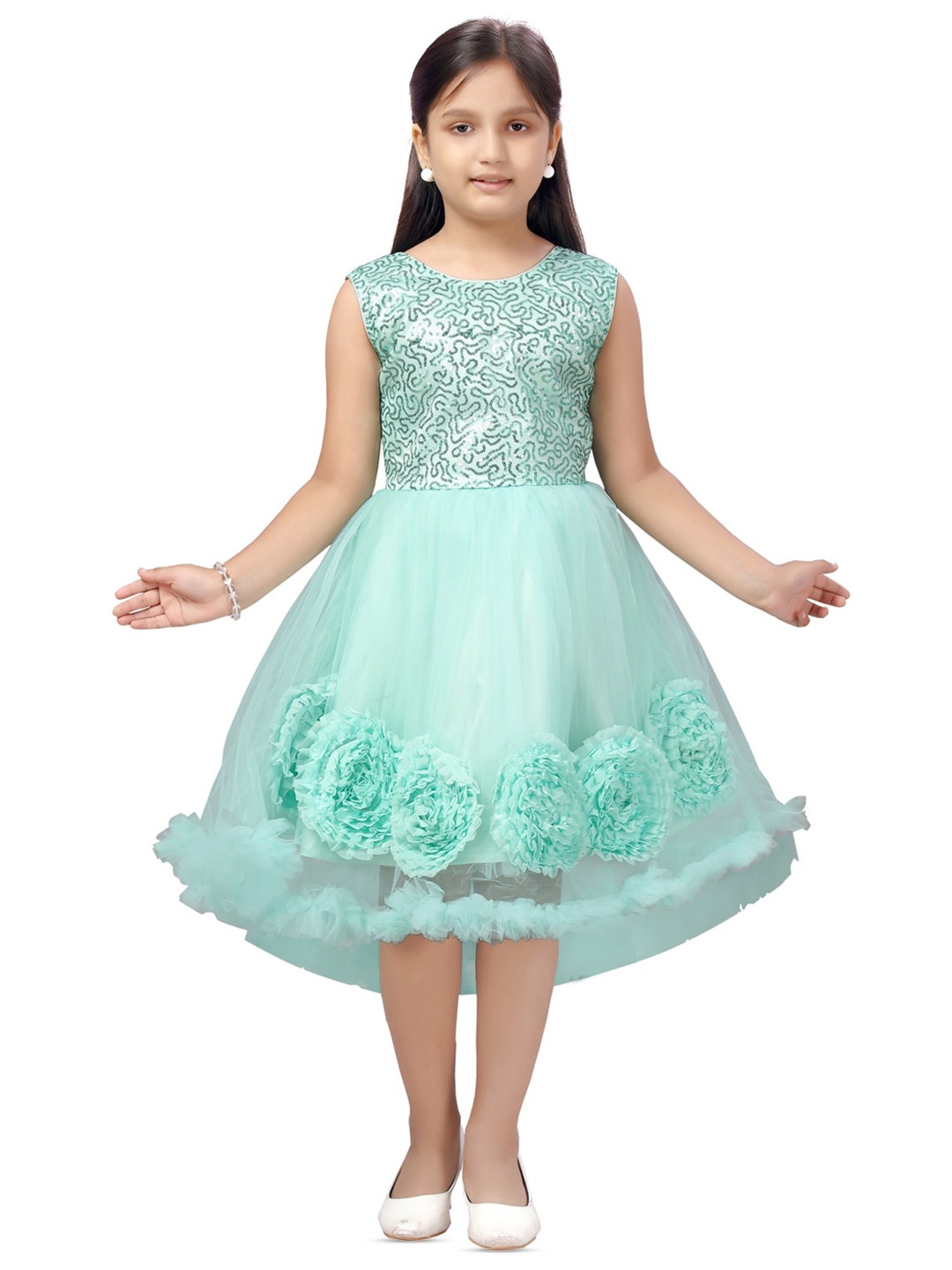 

BAESD Girls Embellished Sequinned Corsage Tie-Up Round Neck Fit & Flare Dress, Turquoise blue