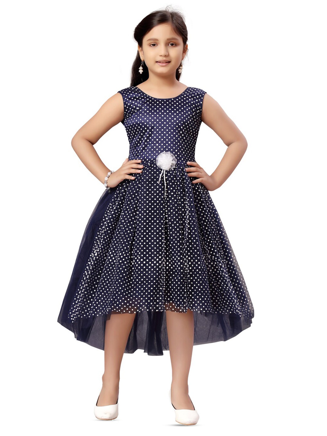 

BAESD Polka Dots Printed Corsage Cotton Dress, Navy blue