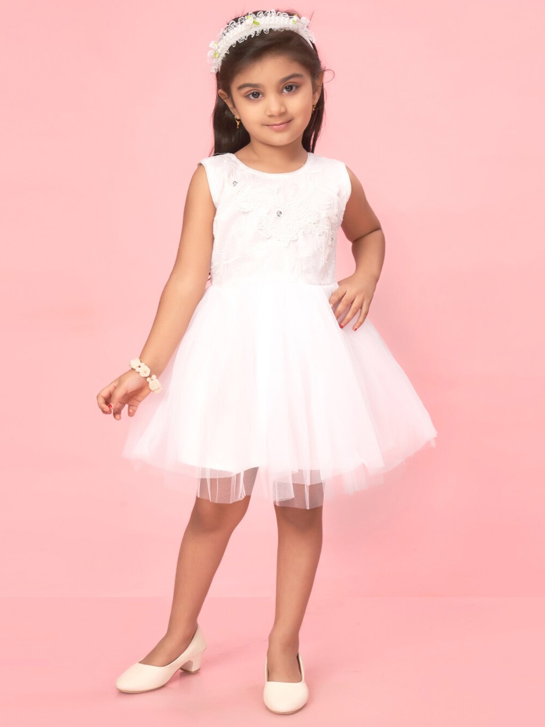 

BAESD Girls Floral Self Design Net Fit & Flare Dress, White