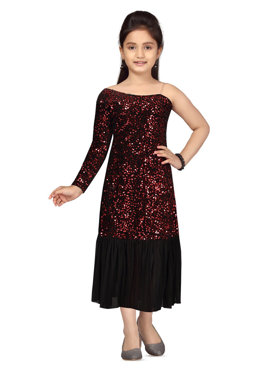 

BAESD Girls One-Shoulder Sequinned Self Design A-Line Midi Dress, Red