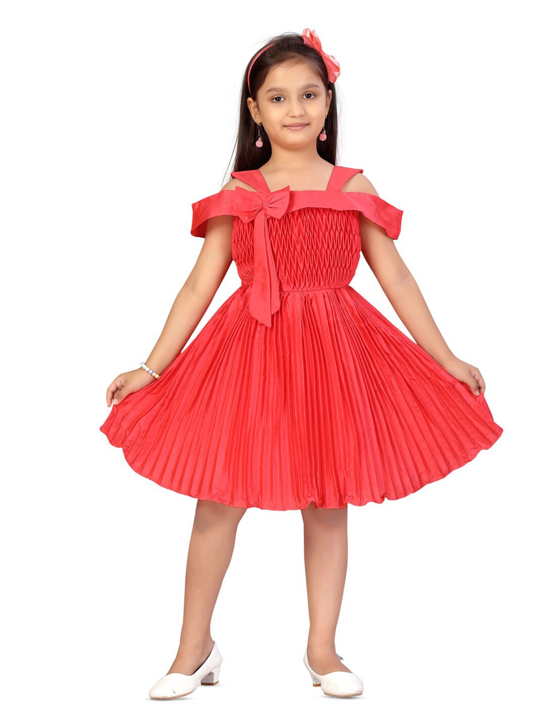 

BAESD Girls Cold-Shoulder Smocked Detailed Accordion Pleated Silk Fit & Flare Dress, Red