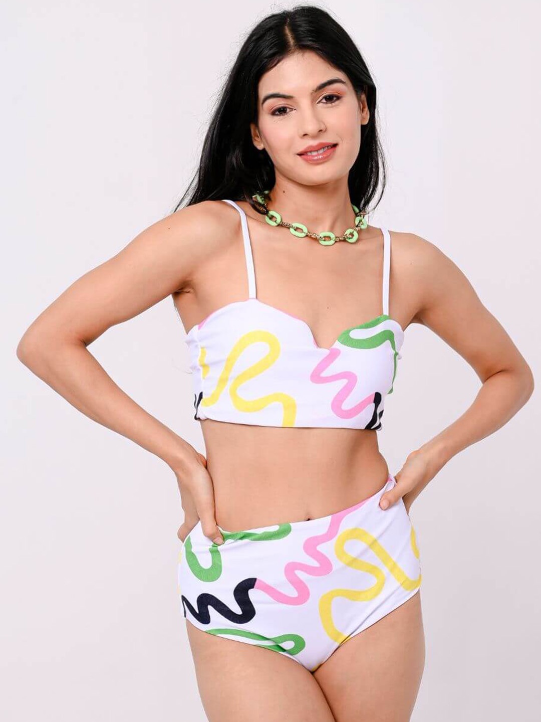 

FancyPants Abstract Printed Shoulder Straps Swimwear Bikini Set, White