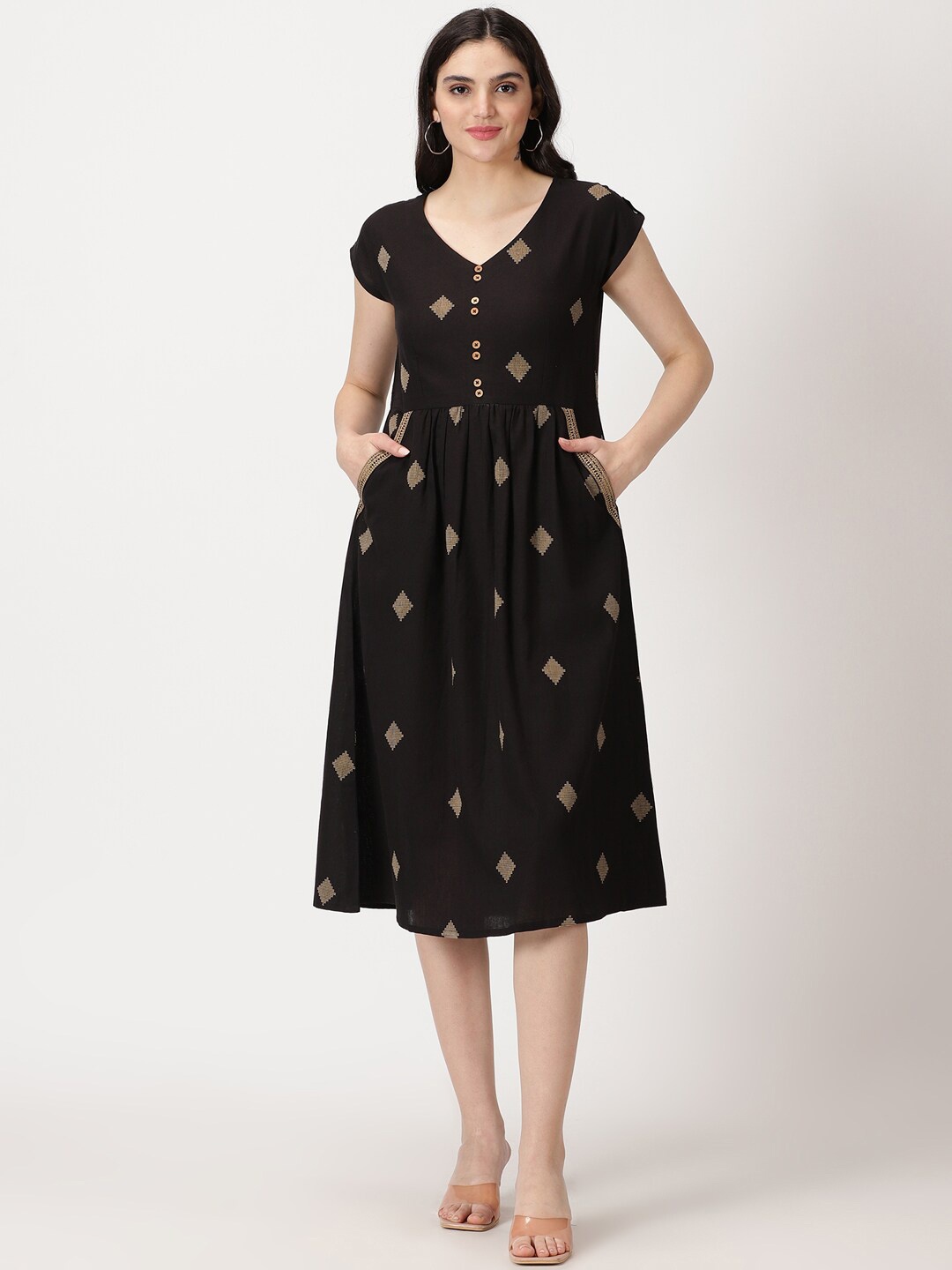 

Saffron Threads Geometric Woven Design Midi Dress, Black