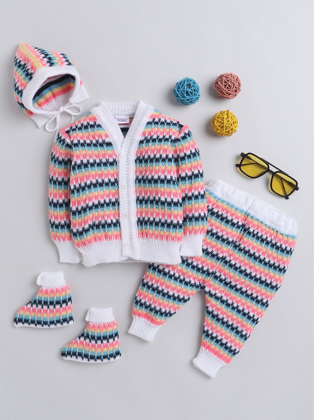 

Little Angels Unisex Kids White & Pink Chevron Striped Cardigan Set, Multi