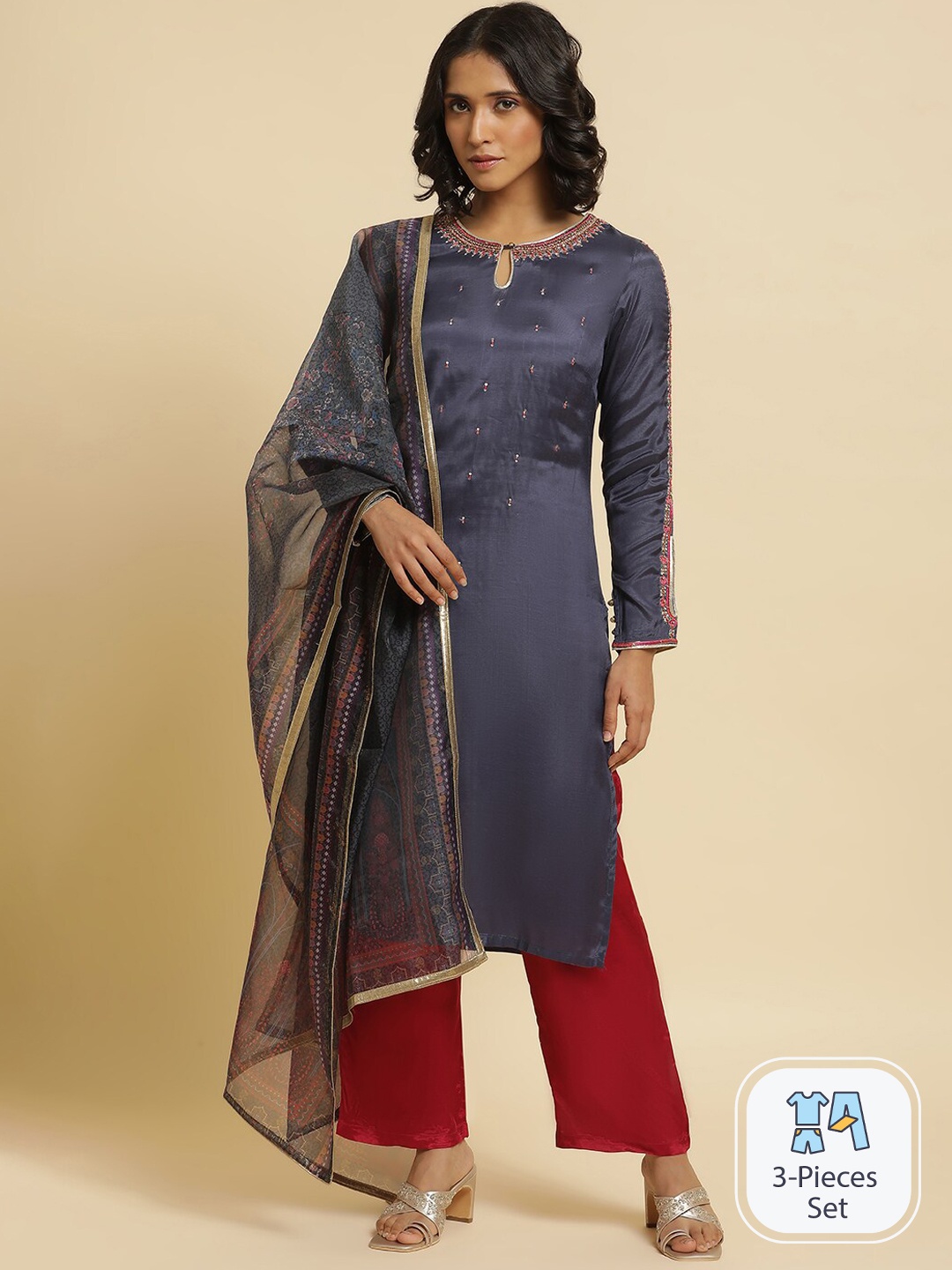 

WISHFUL Ethnic Motifs Embroidered Sequinned Kurta With Trousers & Dupatta, Blue