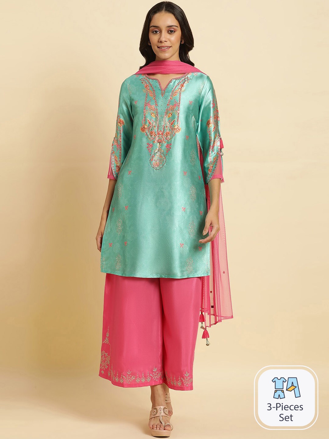 

WISHFUL Floral Printed Regular Sequinned Kurta with Palazzos & With Dupatta, Green