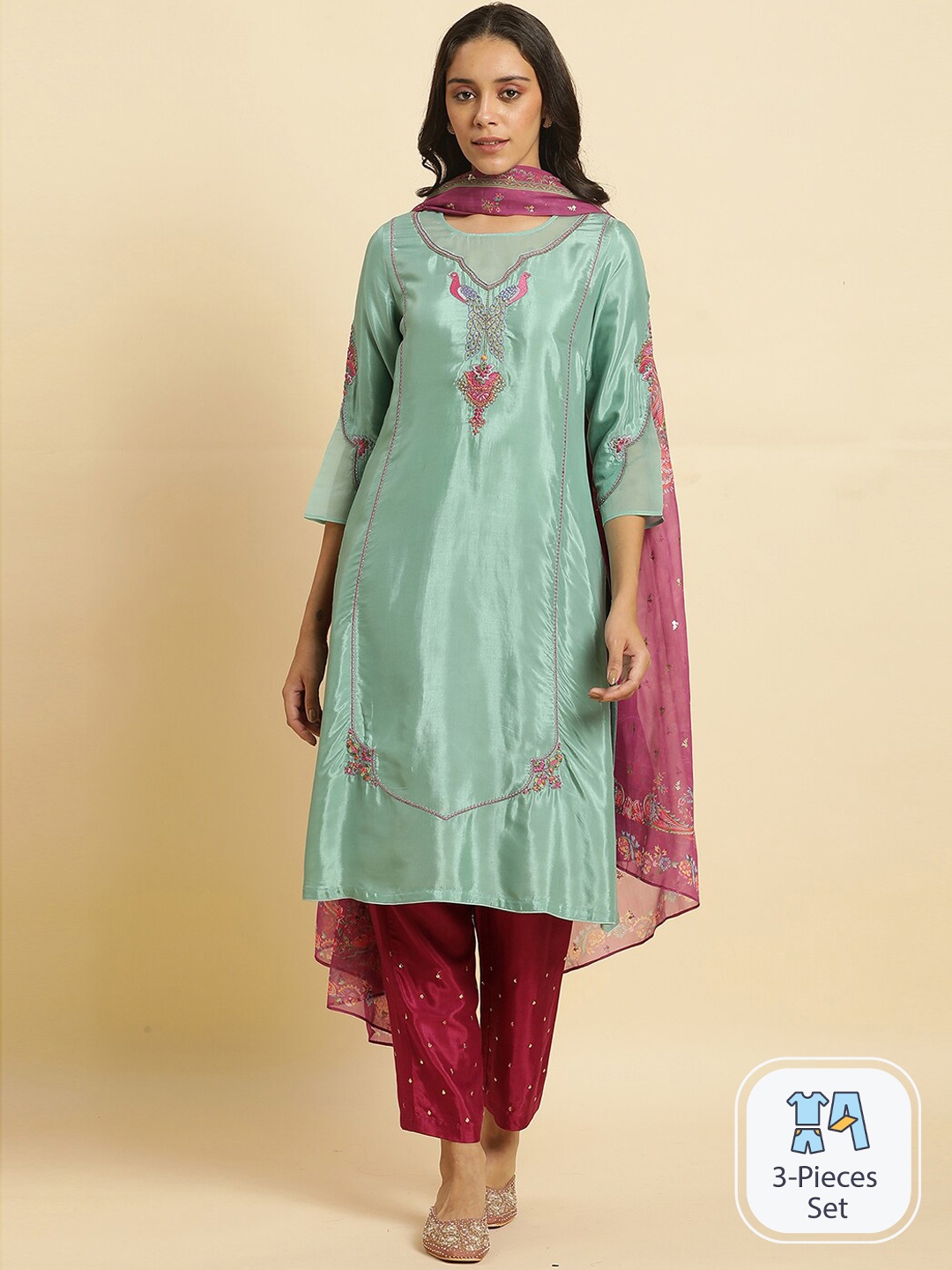 

WISHFUL Ethnic Motifs Embroidered Beads and Stones Kurta With Trousers & Dupatta, Green