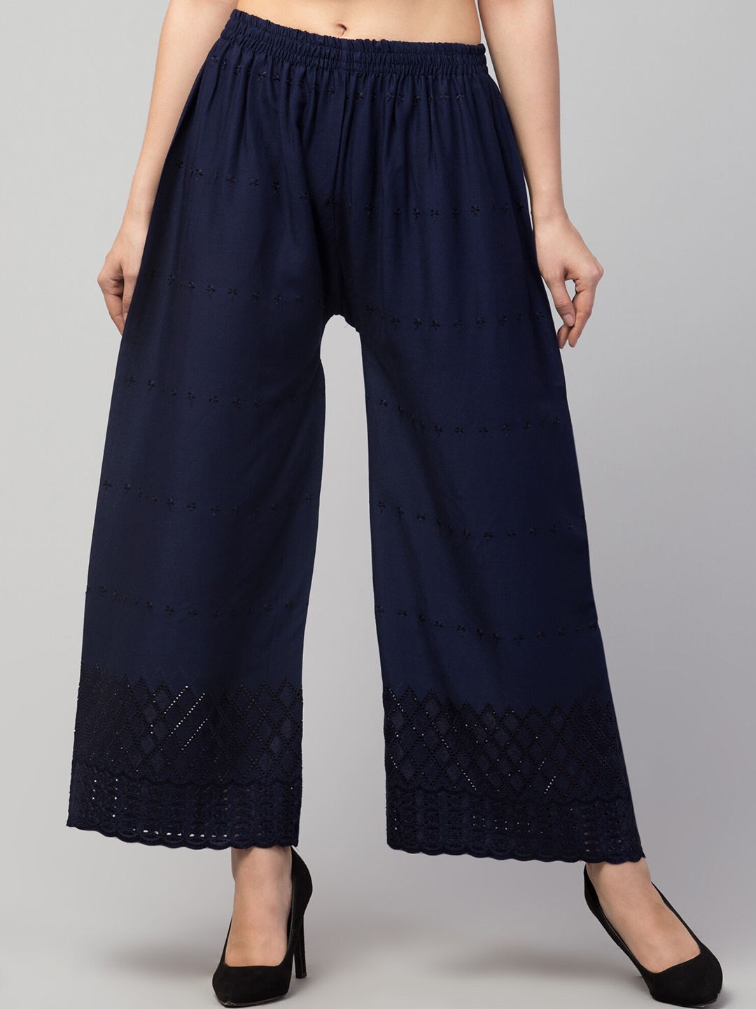 

Trend Level Geometric Embroidered Palazzos, Navy blue