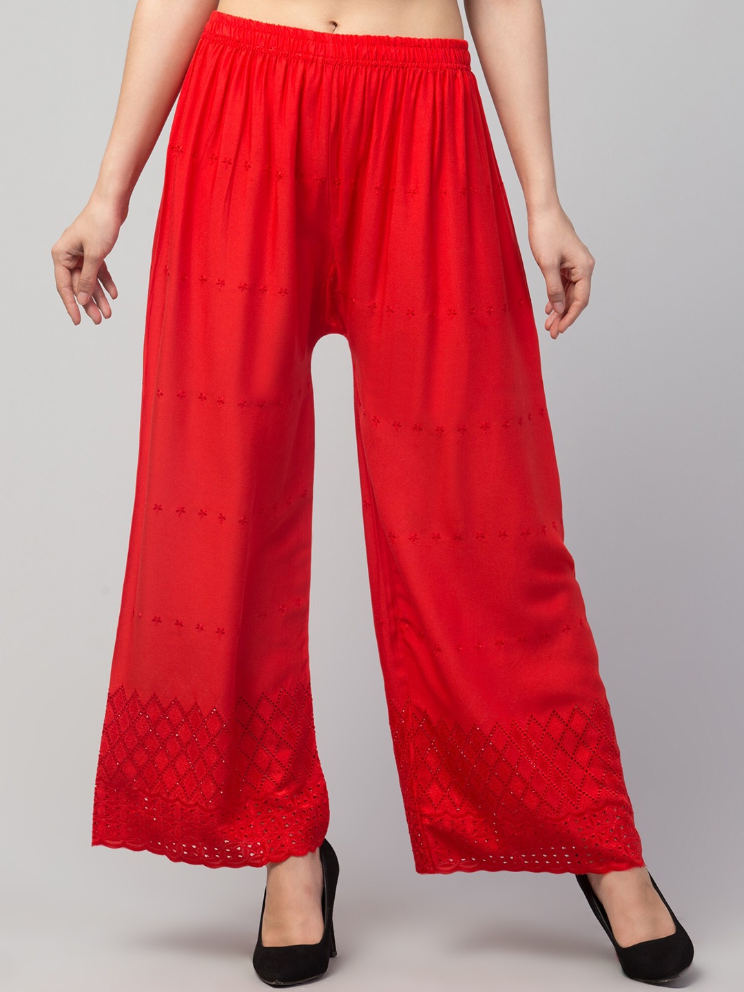 

Trend Level Geometric Embroidered Palazzos, Red