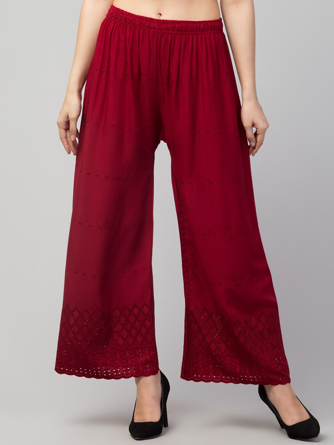 

Trend Level Geometric Embroidered Palazzos, Maroon