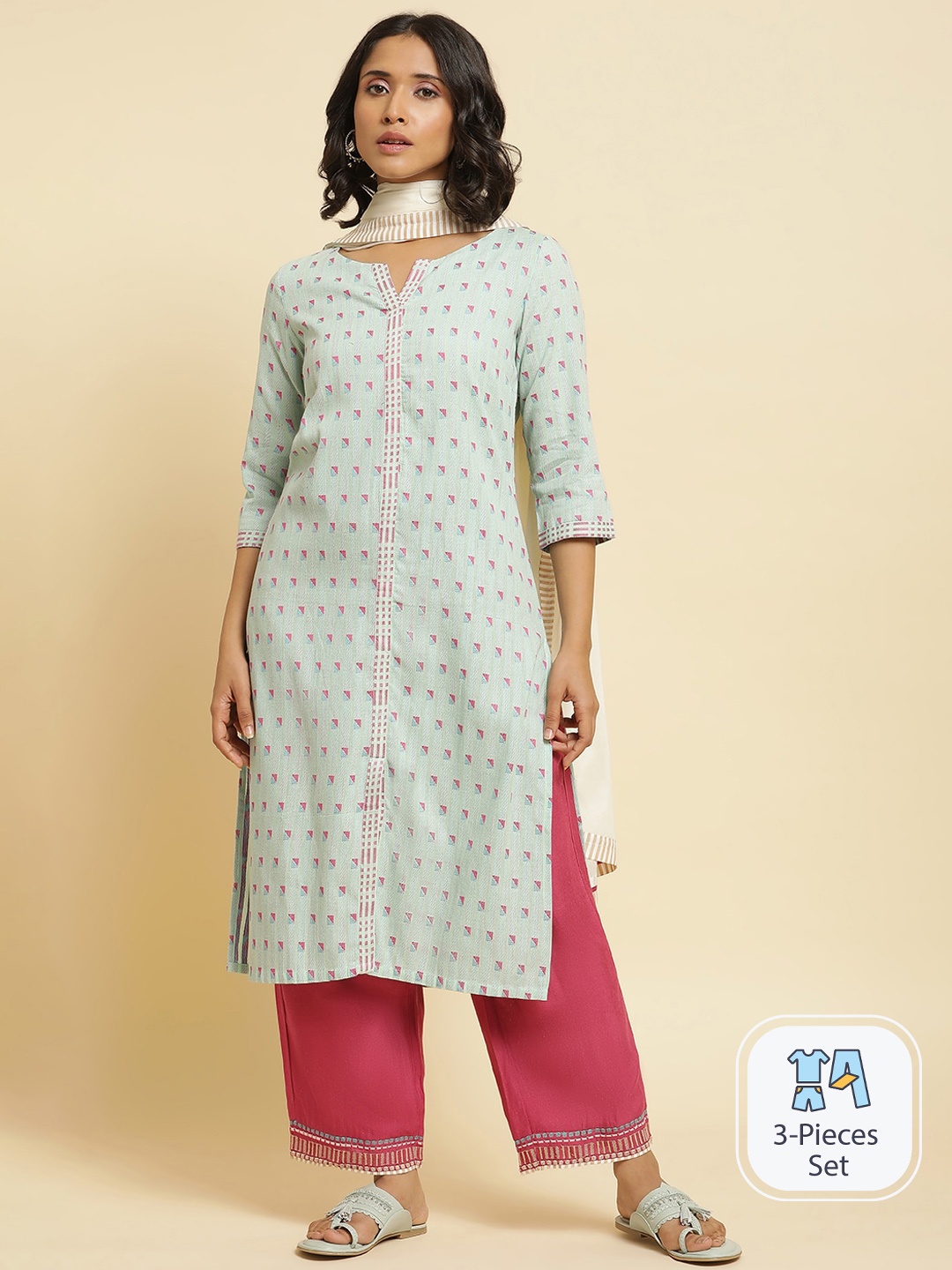 

W Blue Geometric Printed Regular Kurta with Trousers & With Dupatta