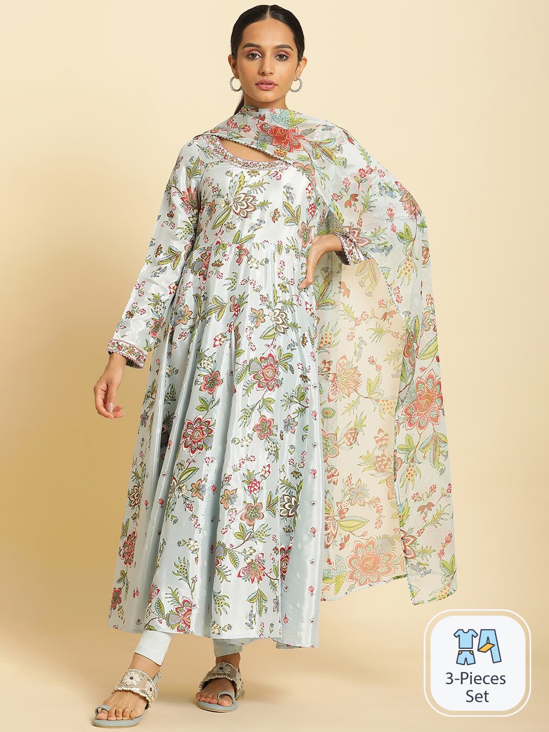 

W Floral Printed Anarkali Kurta With Leggings & Dupatta, Blue