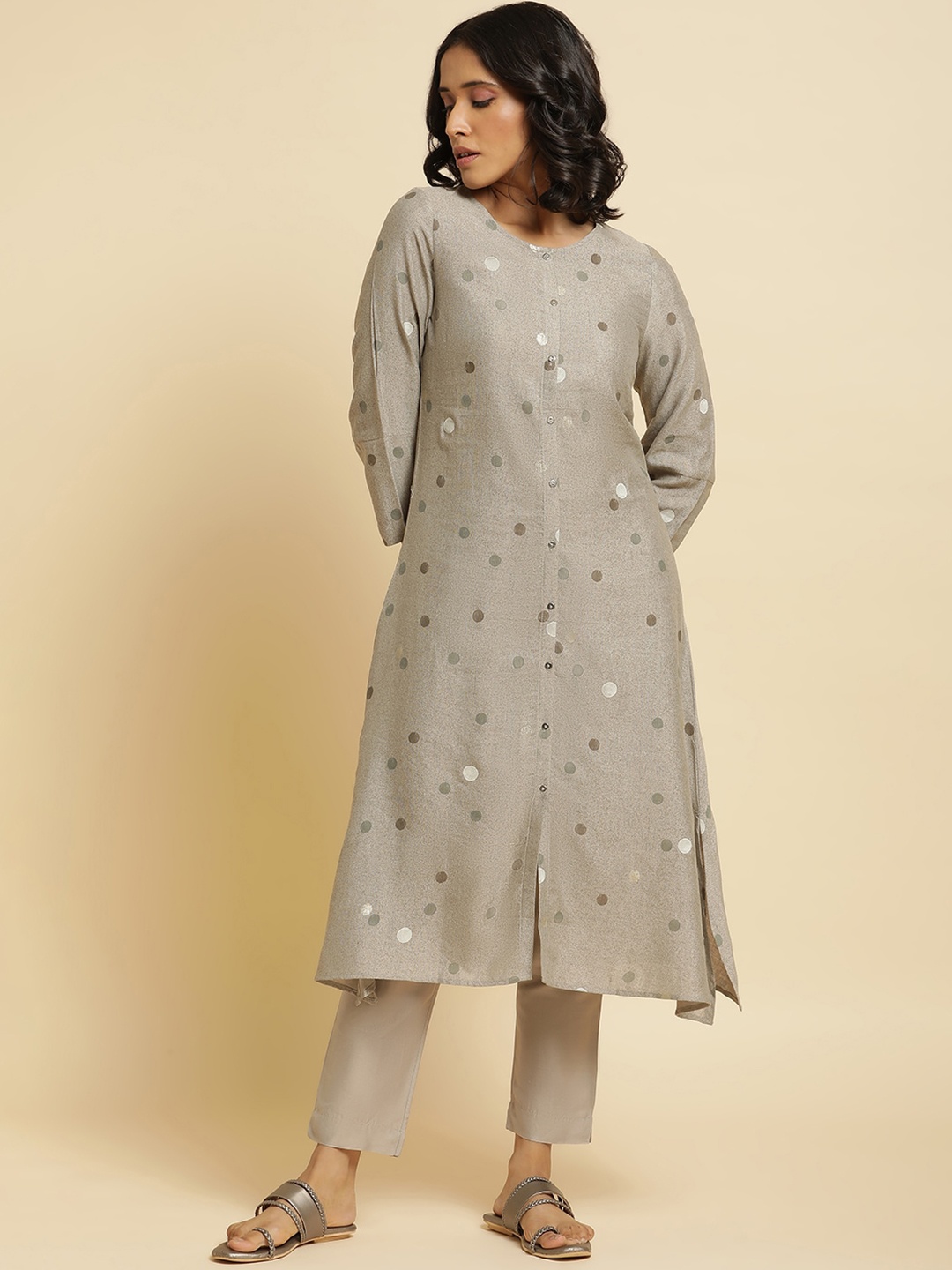 

W Geometric Printed Regular Kurta With Trousers, Grey