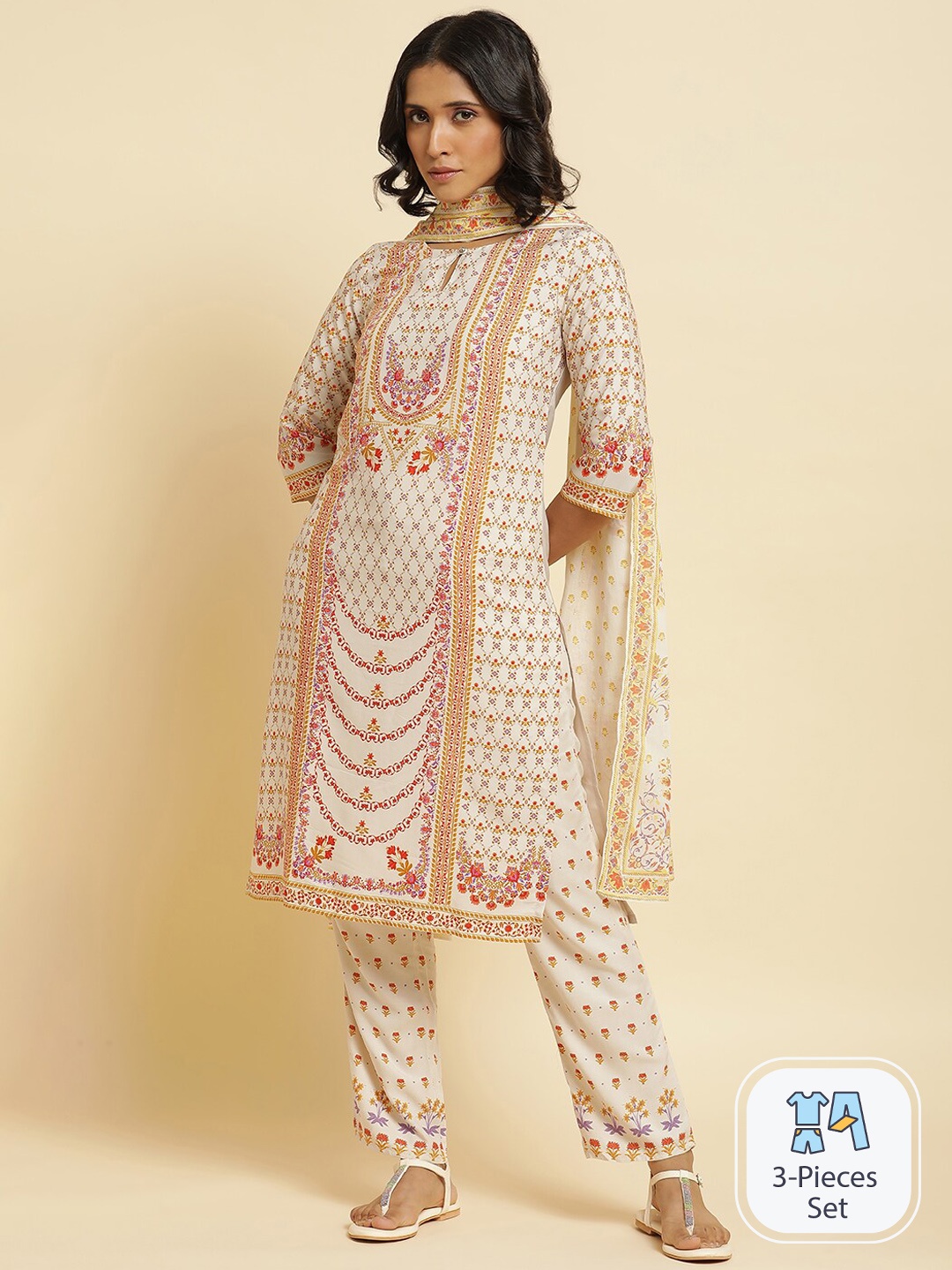 

W Floral Printed Straight Kurta With Trousers & Dupatta, White