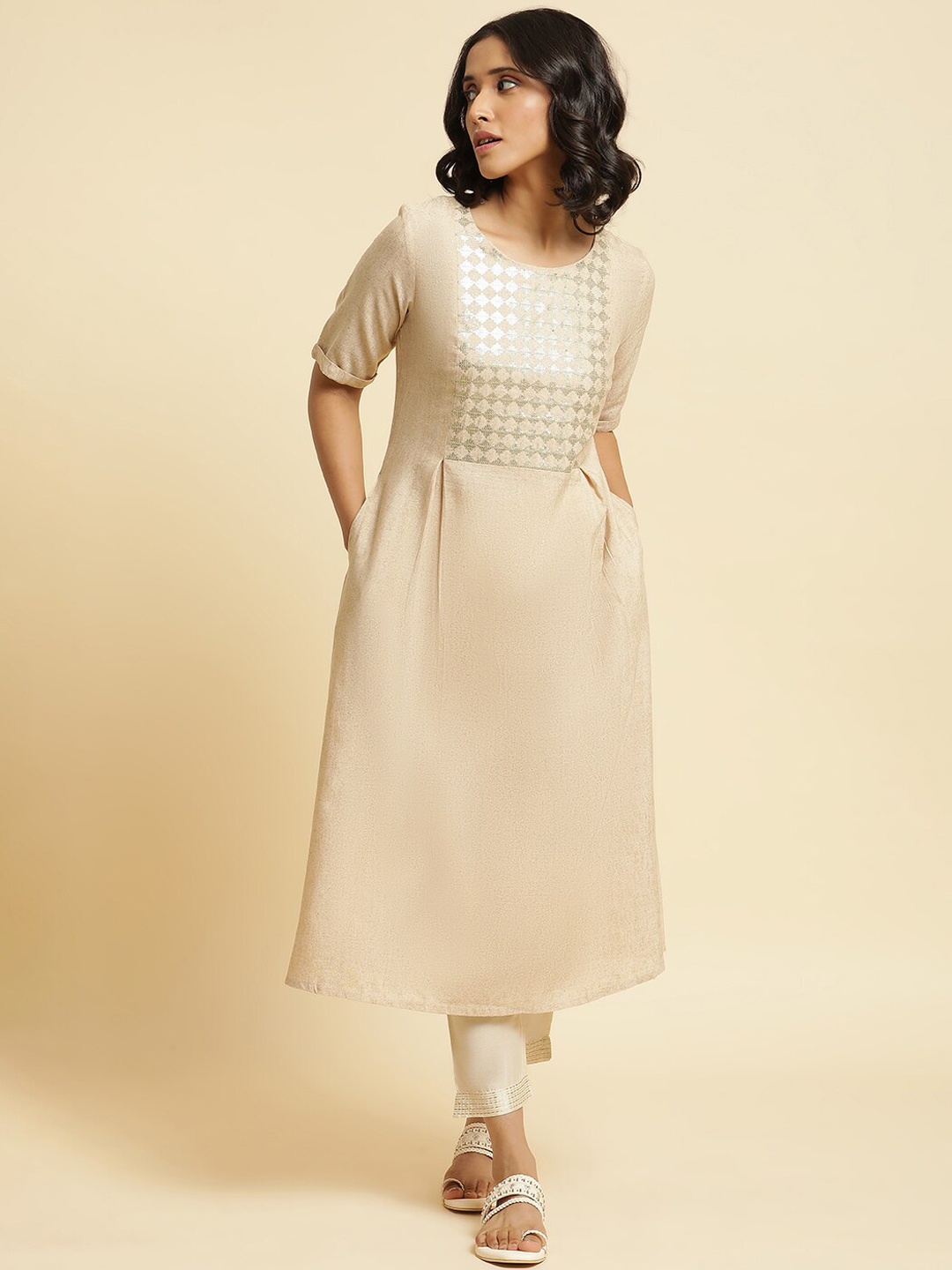 

W Ethnic Motifs Yoke Design Sequinned A Line Kurta With Trousers, Beige
