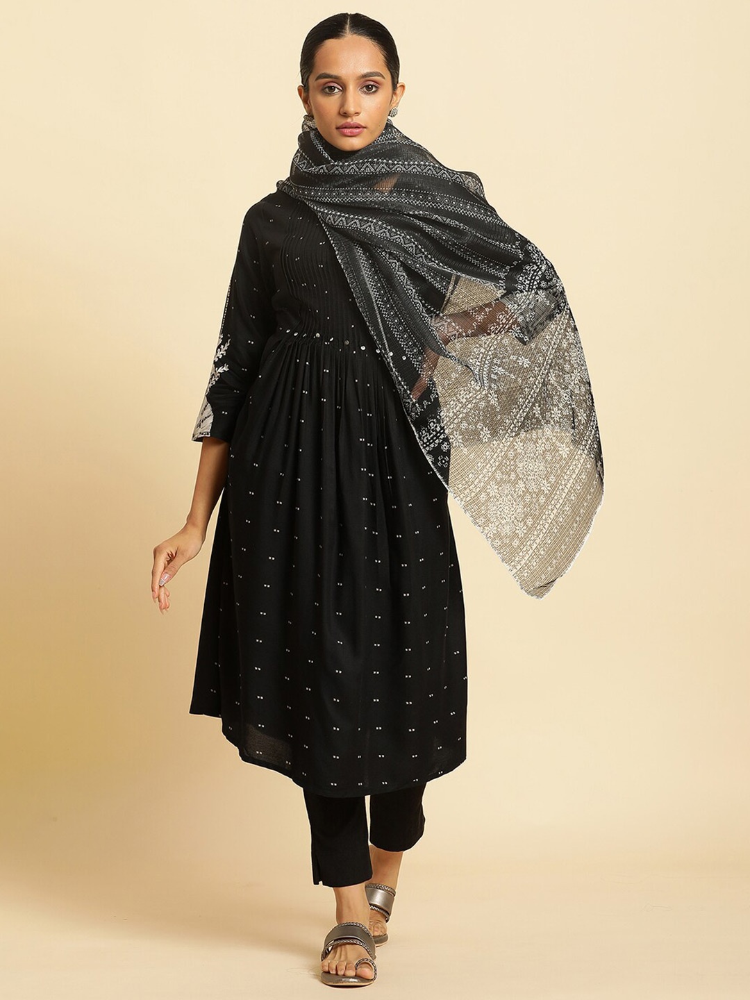 

W Ethnic Motifs Printed Dupatta, Black