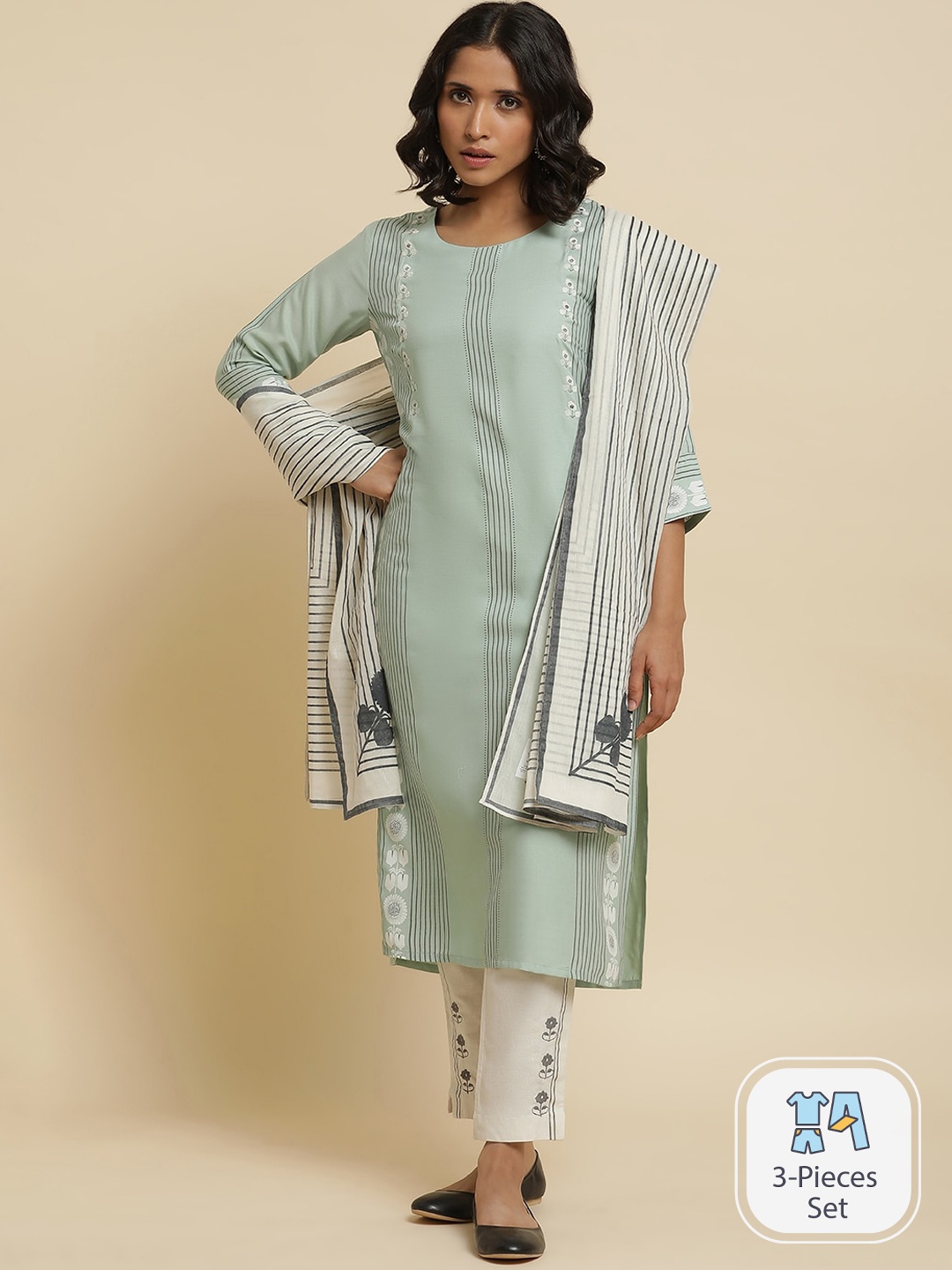 

W Striped Thread Work Kurta with Trousers & Dupatta, Green