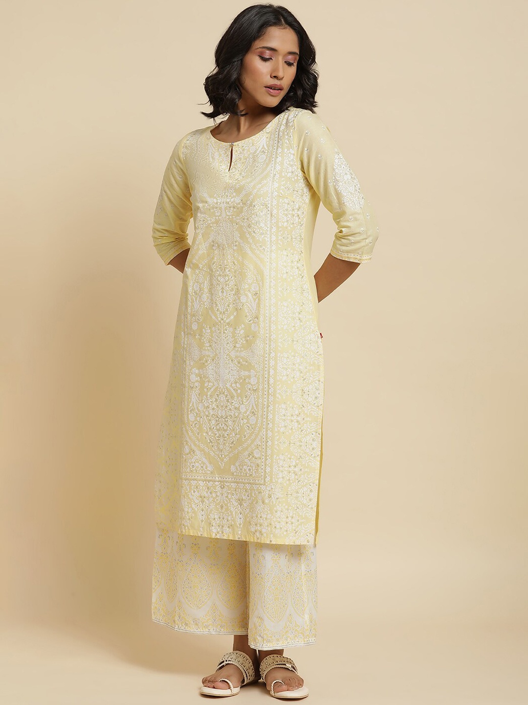 

W Floral Printed Regular Pure Cotton Kurta With Palazzos, Yellow