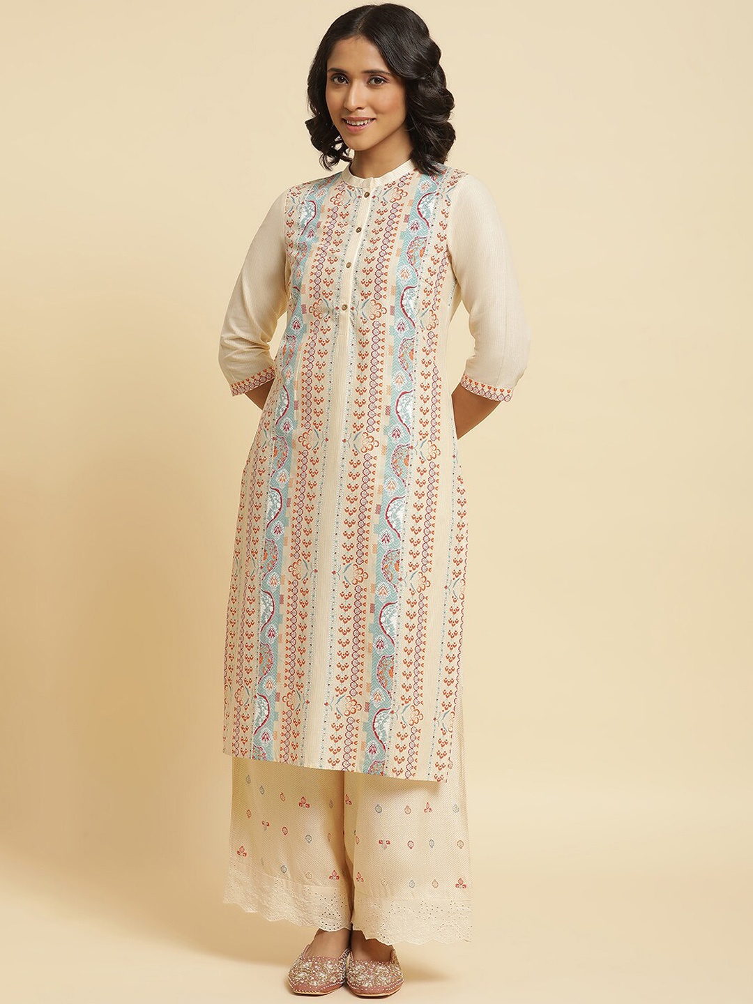 

W Floral Printed Thread Work Pure Cotton Kurta with Palazzos, Off white