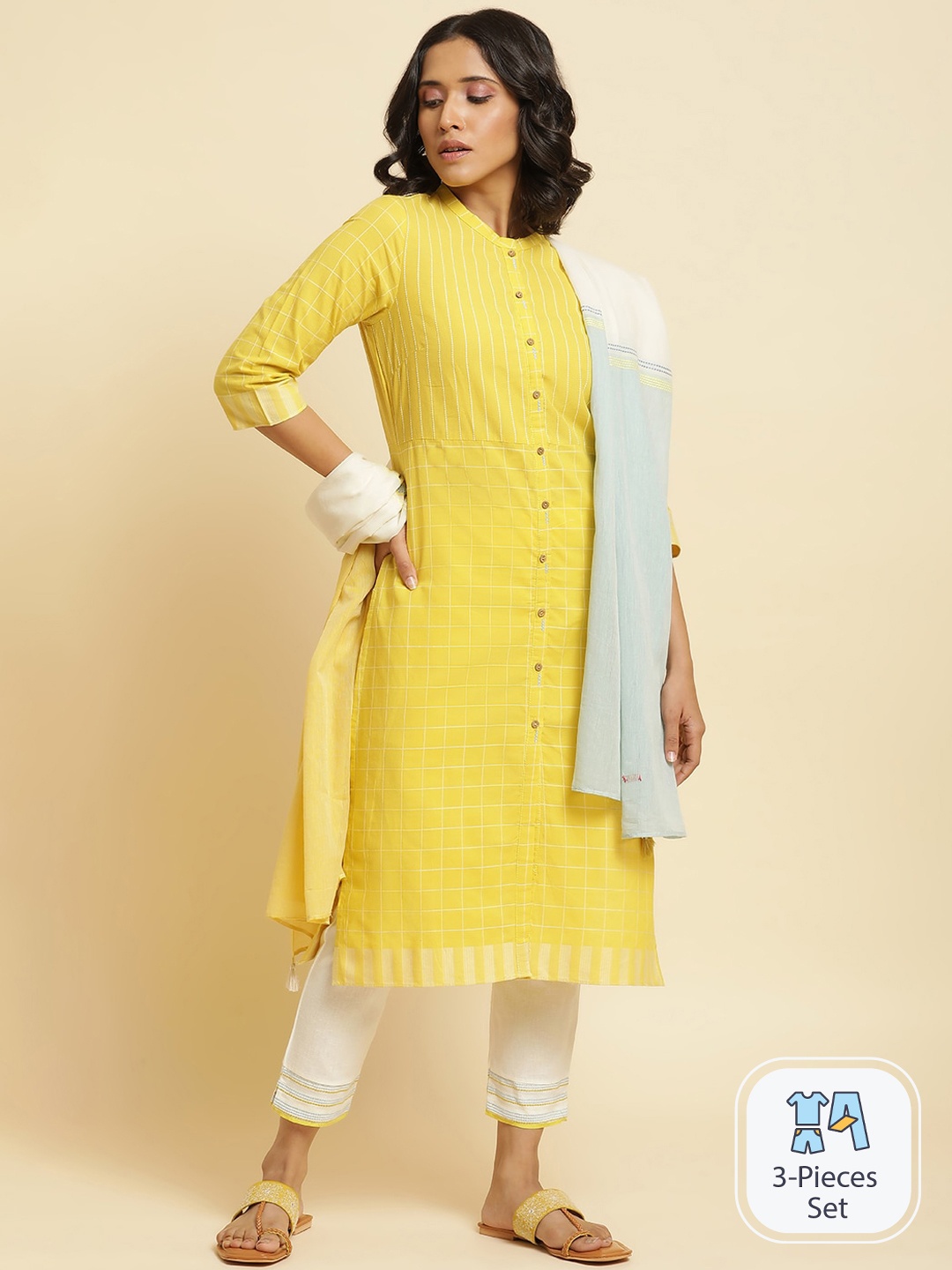 

W Geometric Printed Pure Cotton A Line Kurta With Trousers & Dupatta, Yellow