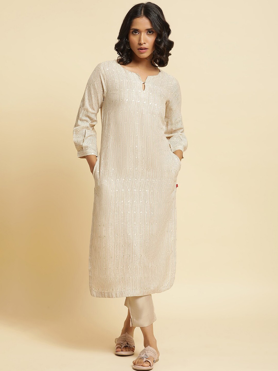 

W Striped Kurta with Trousers, Beige