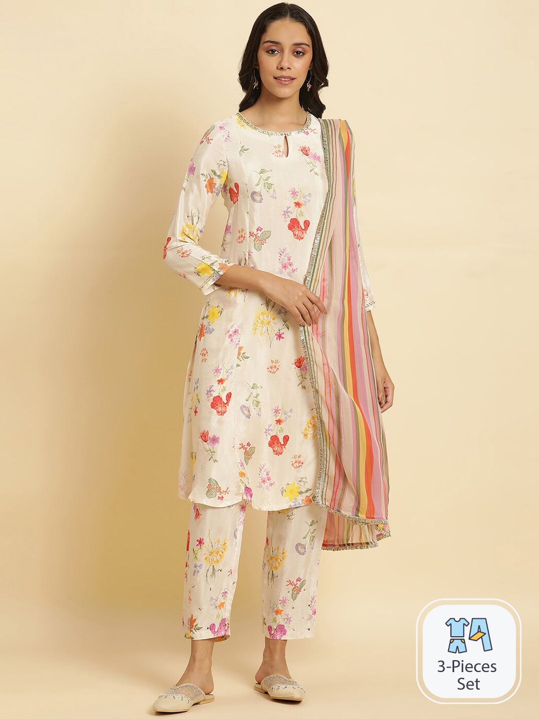 

W Floral Printed Kurta with Trousers & Dupatta, Cream