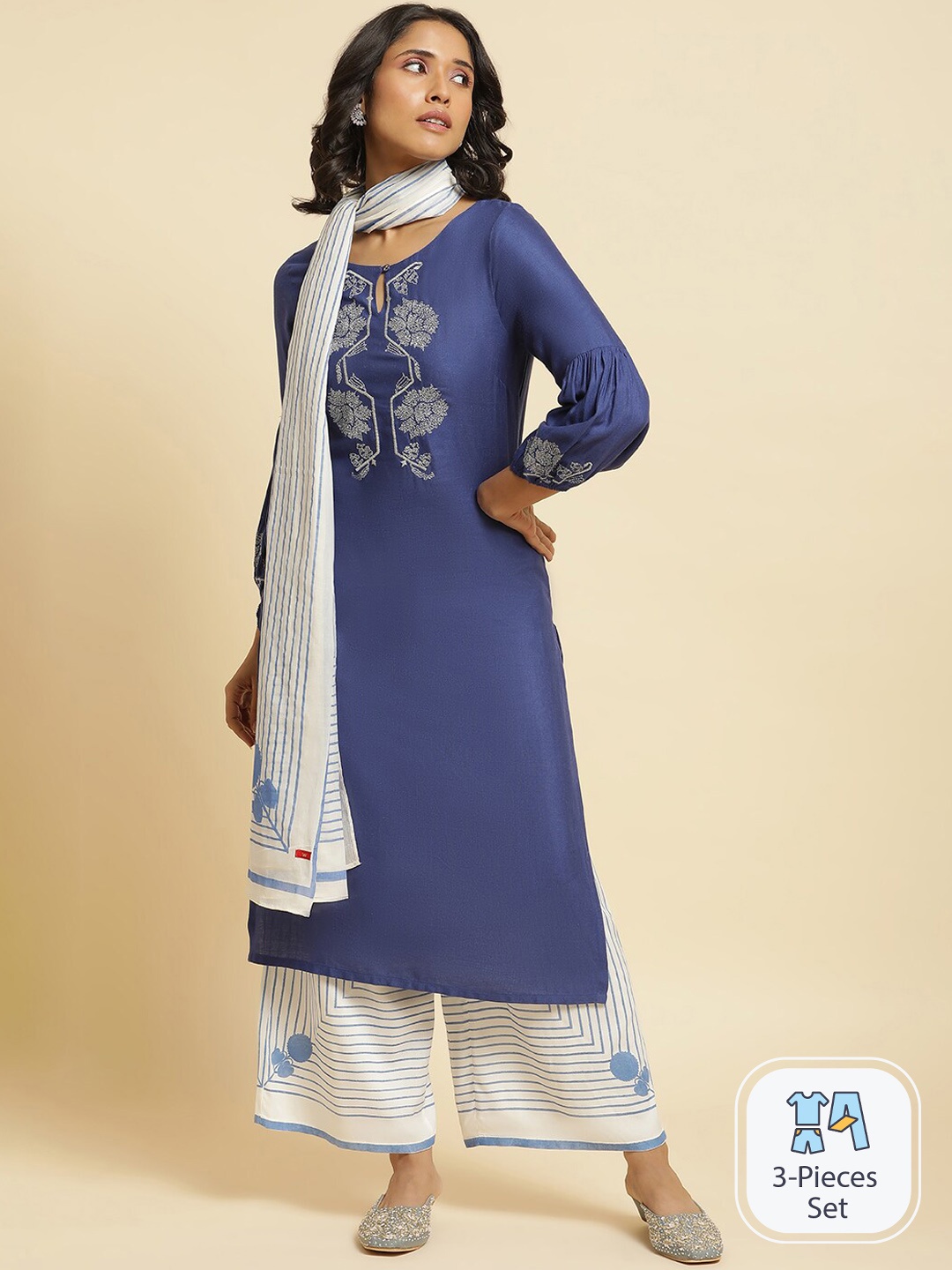 

W Ethnic Motifs Embroidered Thread Work Kurta with Palazzos & Dupatta, Blue