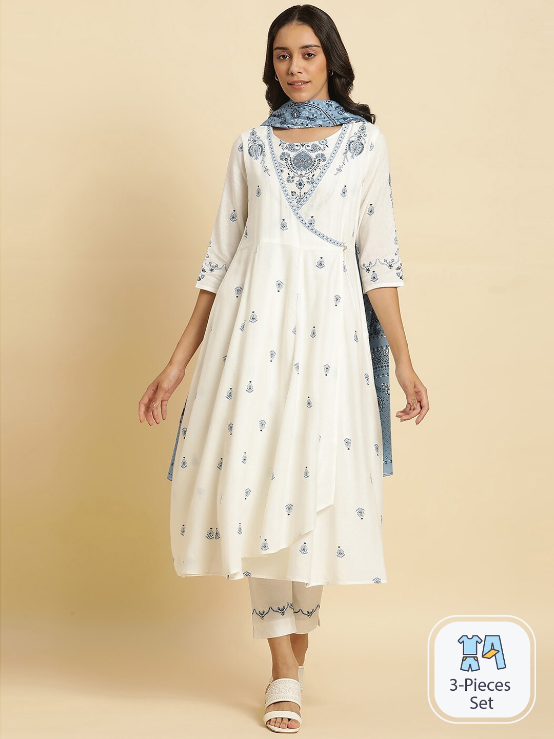 

W White Floral Printed Angrakha Kurta with Trousers & With Dupatta