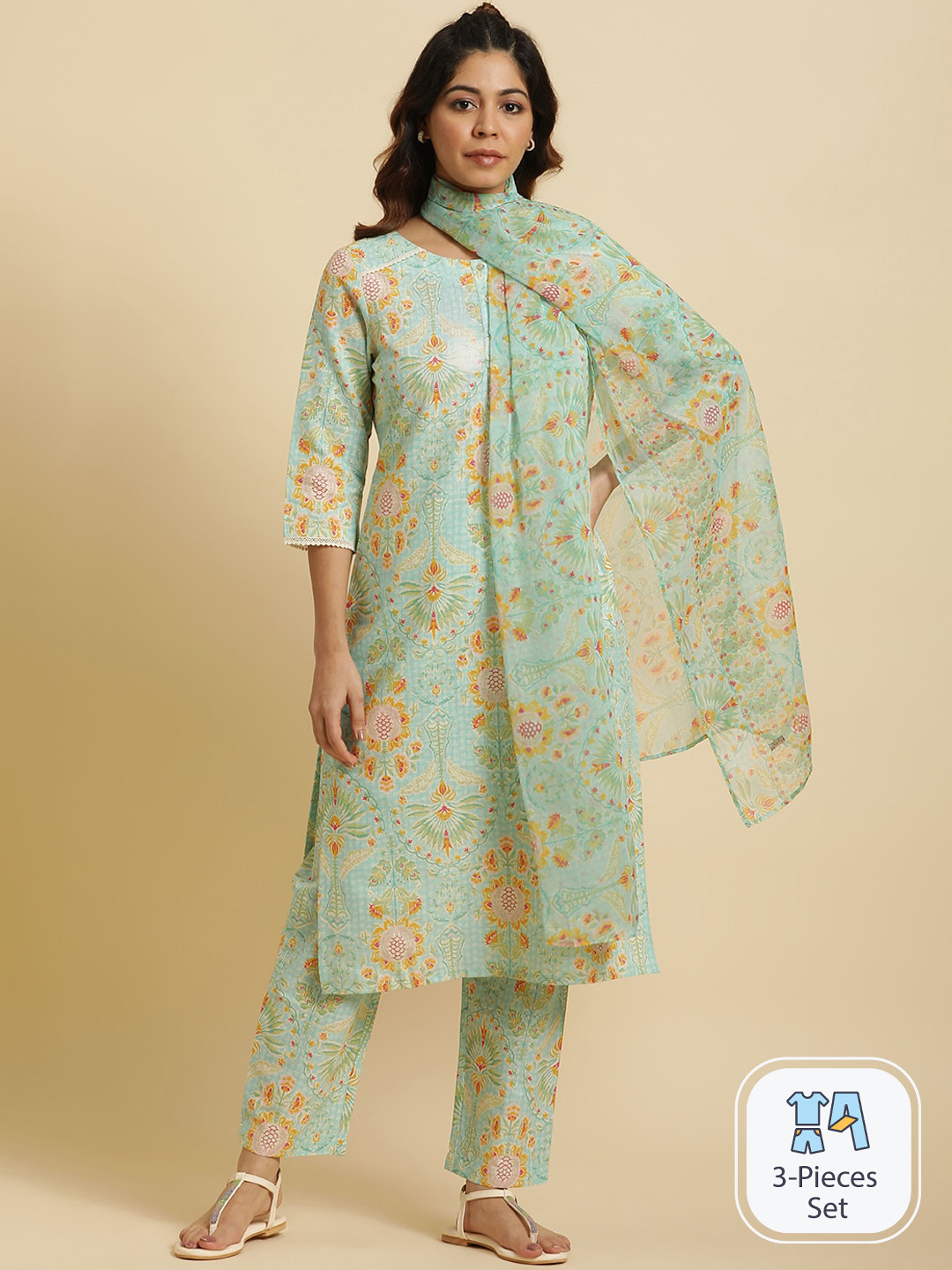 

W Floral Printed Regular Pure Cotton Kurta With Trousers & Dupatta, Green
