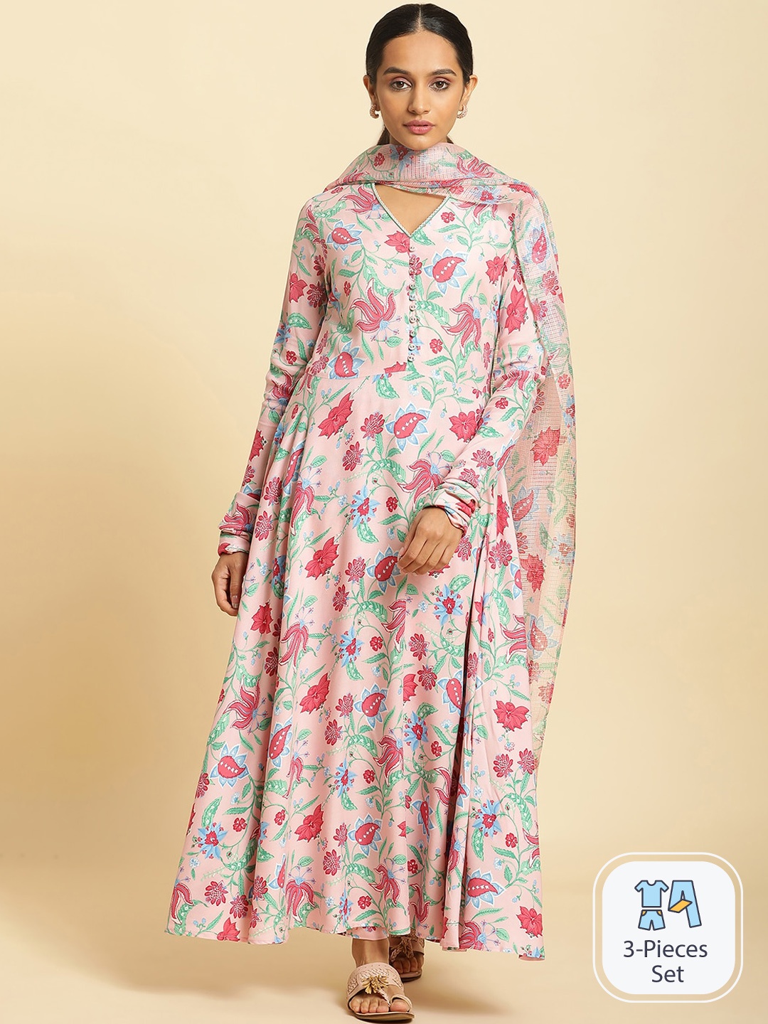 

W Floral Printed Kurta with Trousers & Dupatta, Pink